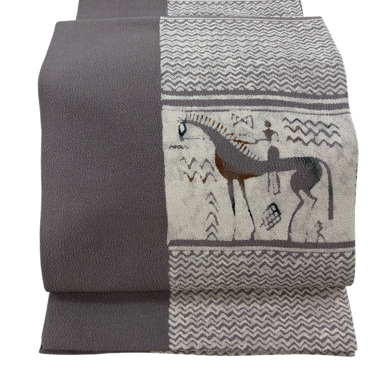開き名古屋帯 名品 動物 人物 縮緬 灰茶 正絹 【中古】