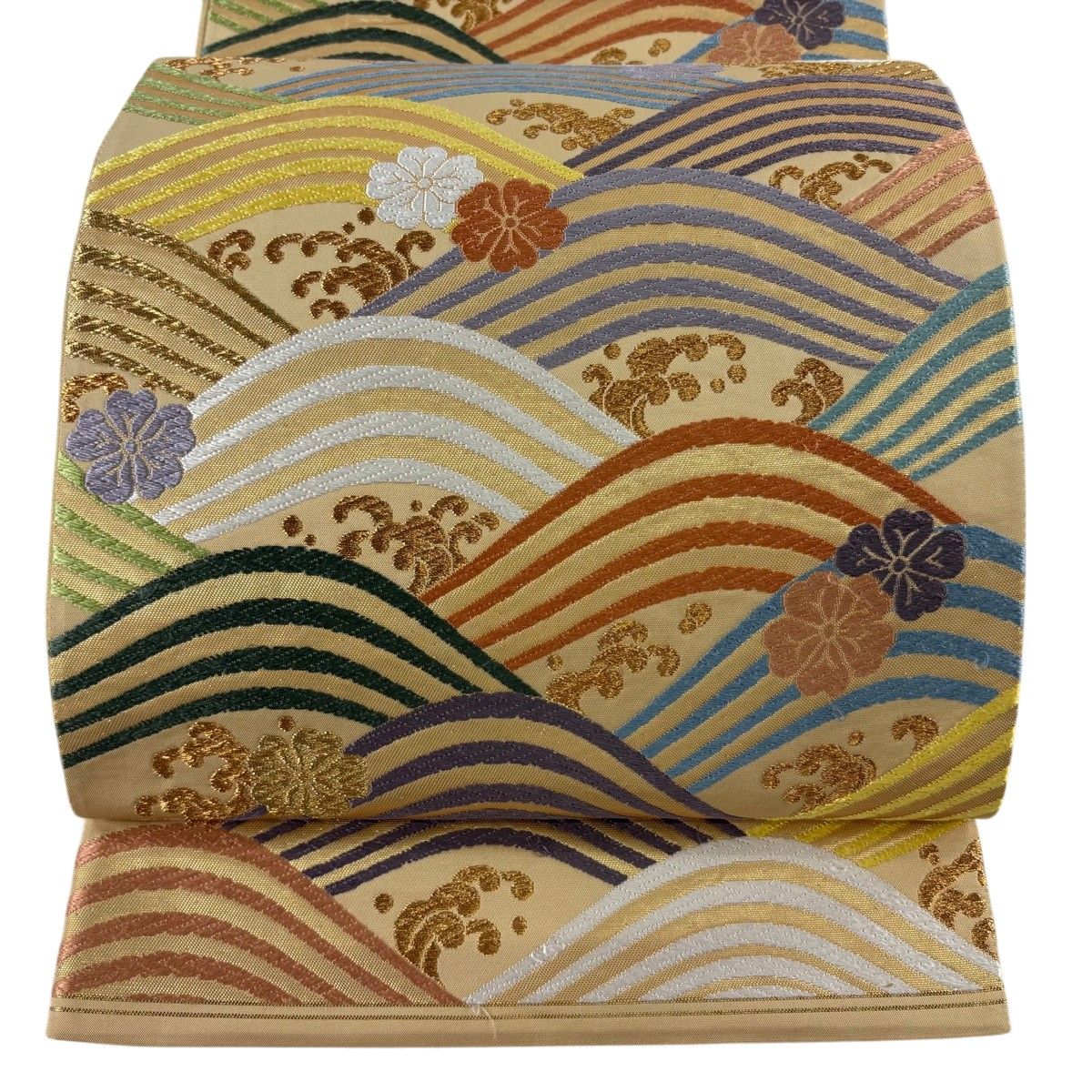袋帯 名品 花 波頭 金糸 唐織 薄黄土色 六通 正絹 【中古】