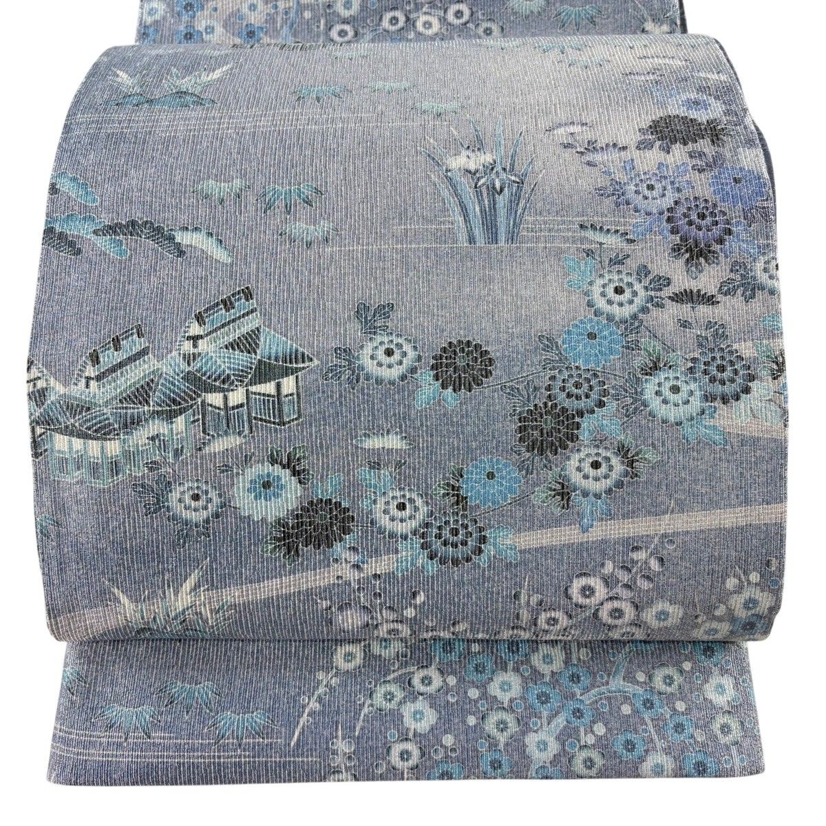 【美品】 袋帯 名品 家屋 松竹梅 銀糸 ぼかし 青灰色 お太鼓柄 正絹 【中古】