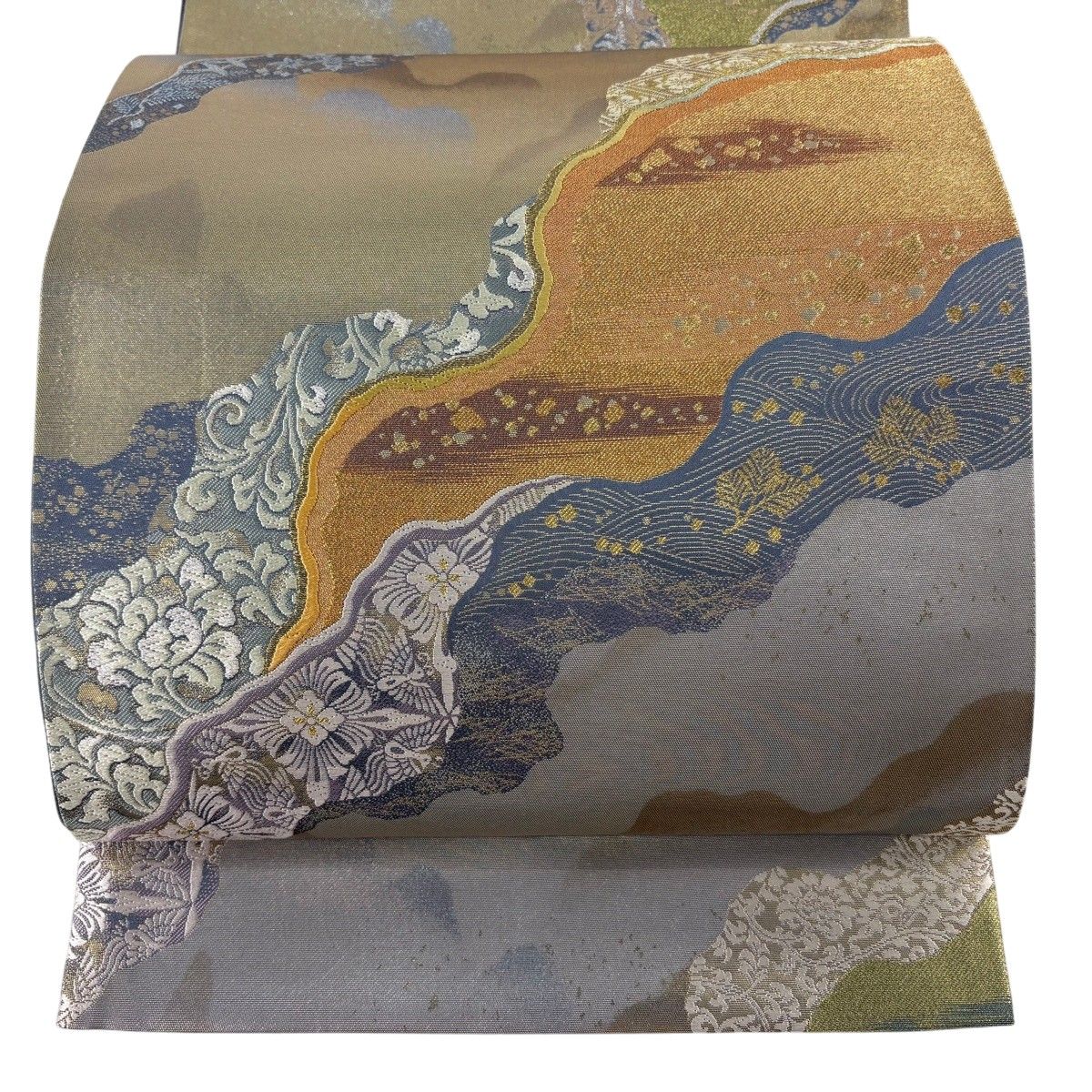 【美品】 袋帯 名品 証紙 花鳥 道長取 金銀糸 箔 青灰色 六通 正絹 【中古】
