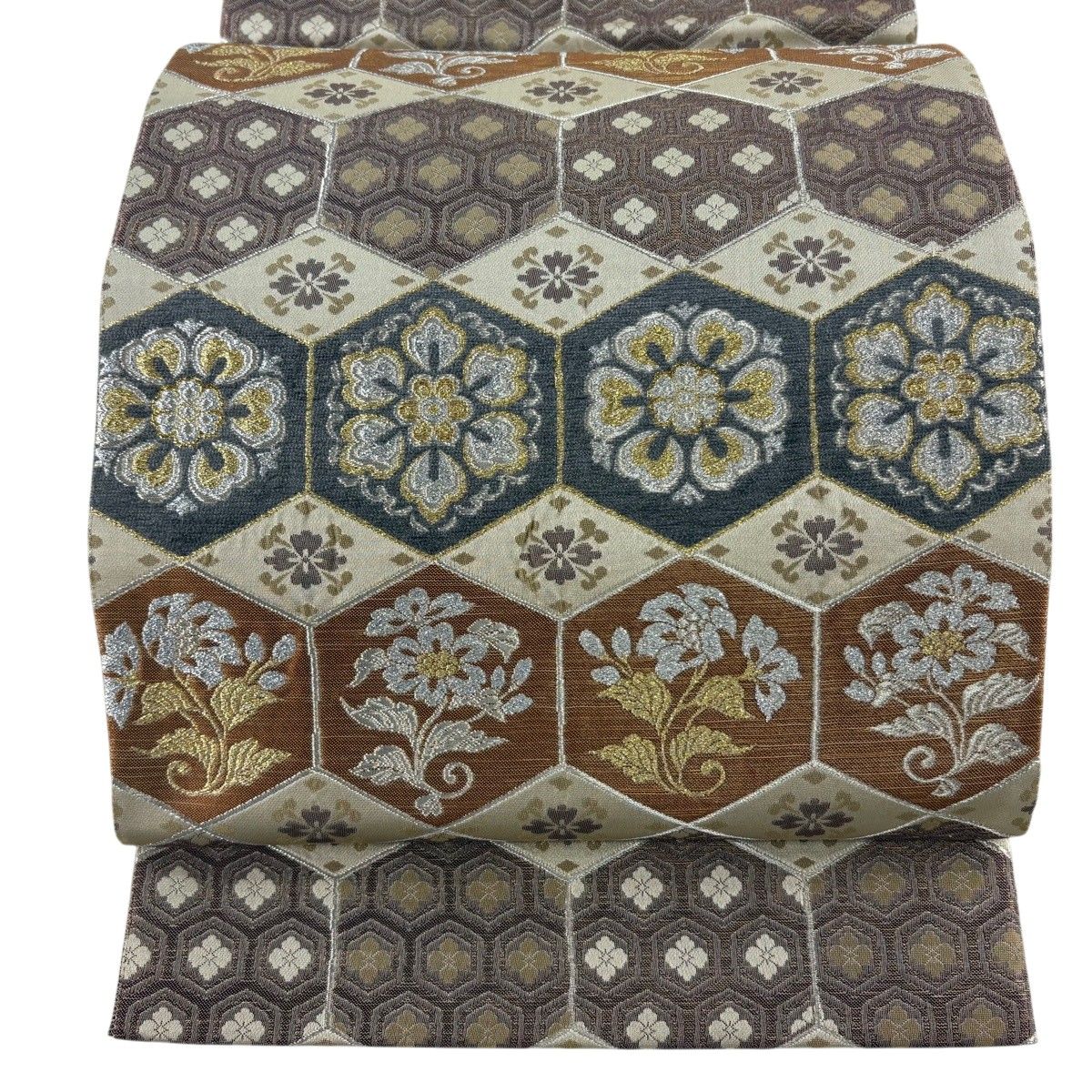【美品】 袋帯 名品 華文 亀甲 金銀糸 箔 ベージュ 六通 正絹 【中古】 12,324円