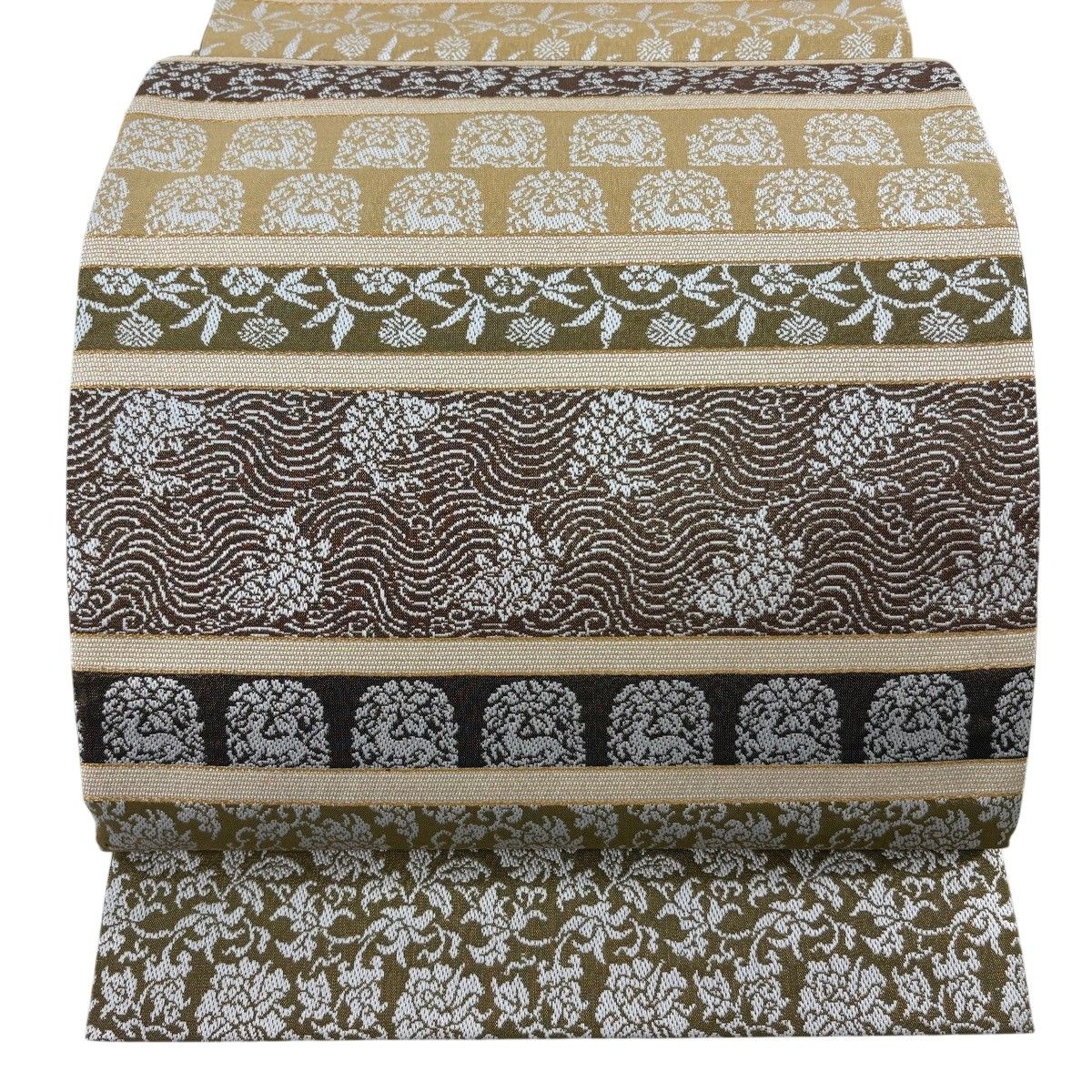 【美品】 袋帯 名品 泥染 花唐草 笹蔓 金糸 ベージュ 全通 正絹 【中古】