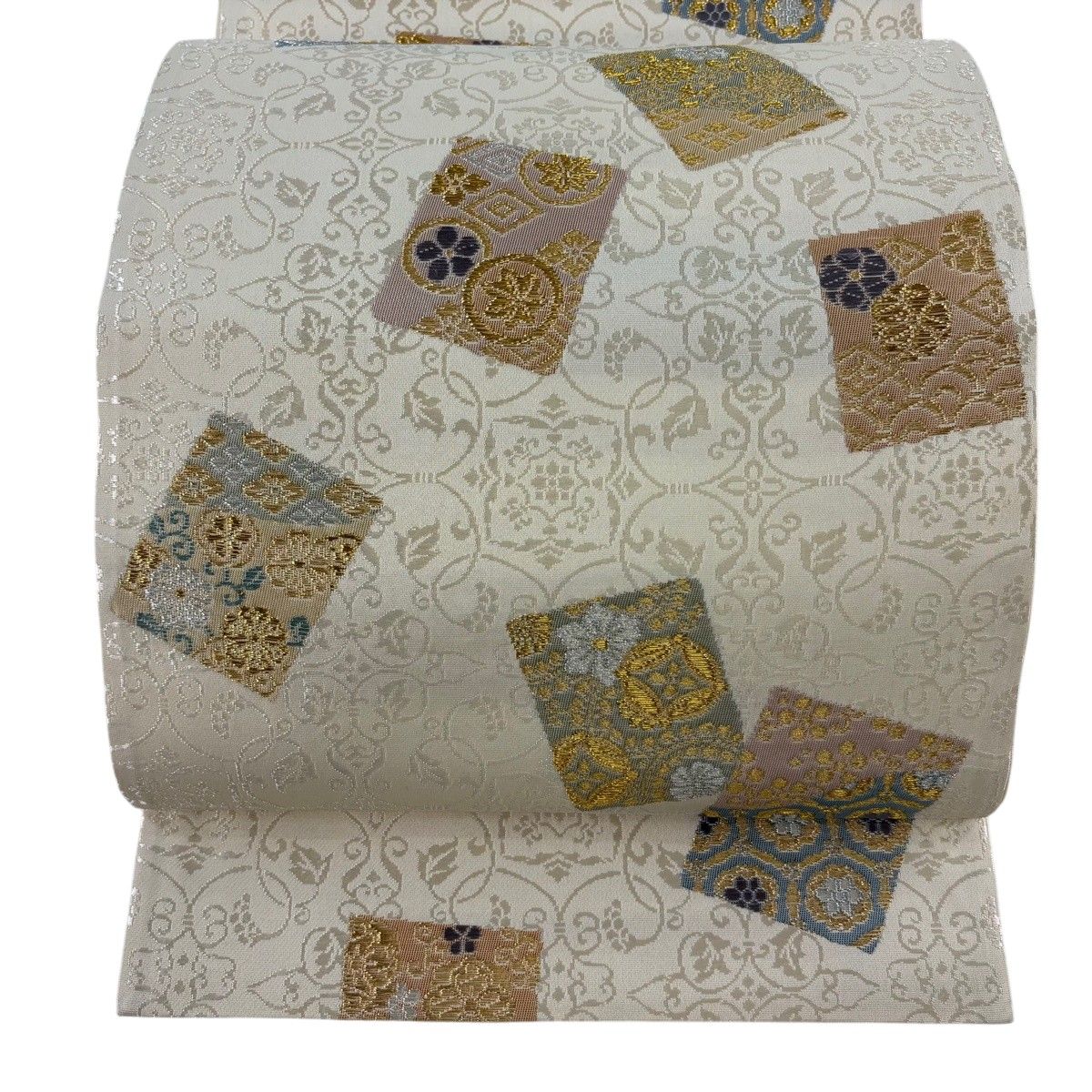 【美品】 袋帯 名品 色紙 葡萄唐草 金銀糸 箔 ベージュ 六通 正絹 【中古】