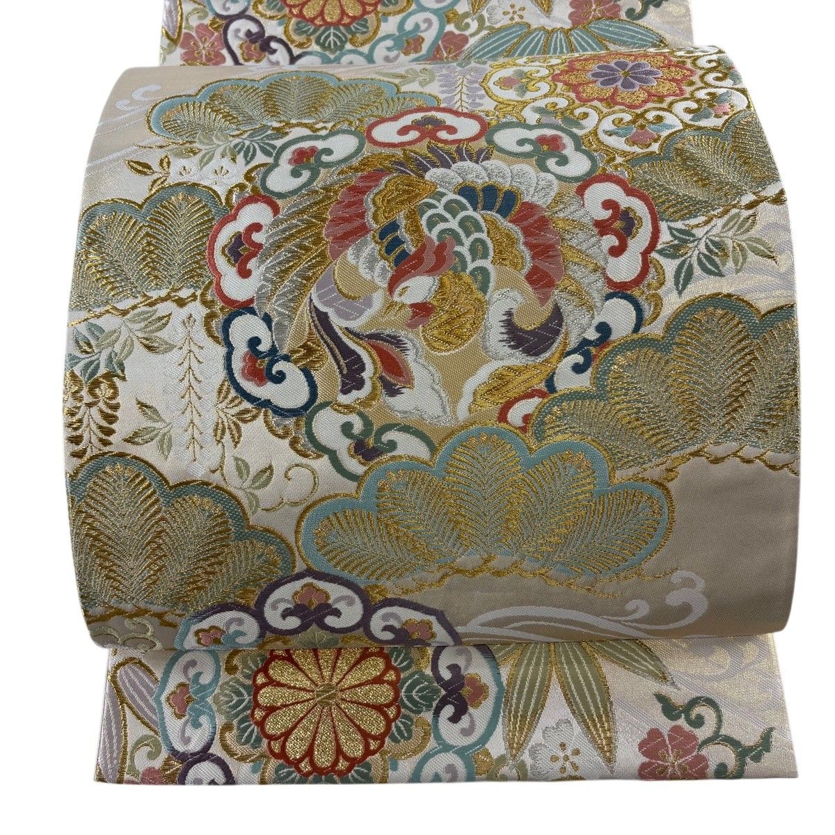 袋帯 名品 証紙 華文 鳳凰 金銀糸 箔 ベージュ 六通 正絹 【中古】