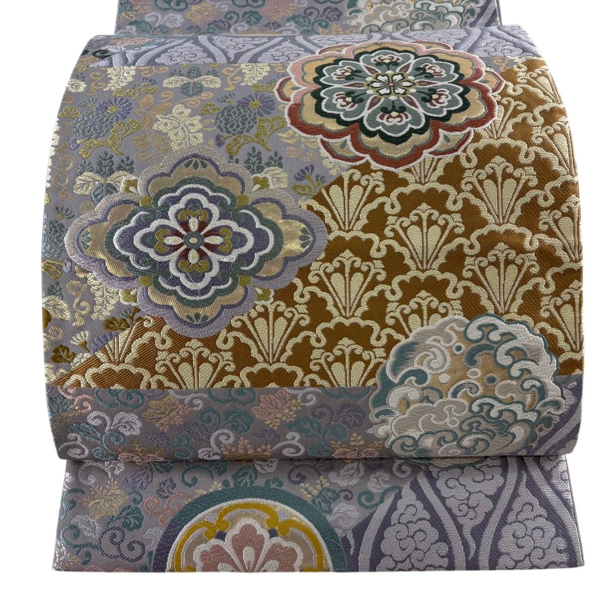 袋帯 名品 華文 波頭 箔 唐織 灰紫 六通 正絹 【中古】