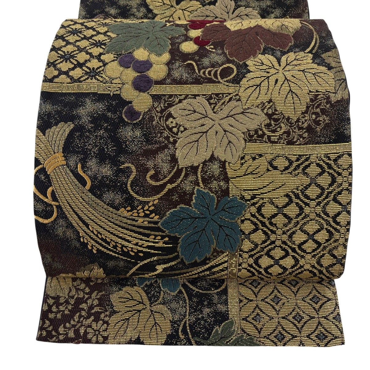 【美品】 袋帯 名品 葡萄唐草 生り物 金糸 焦茶色 全通 正絹 【中古】