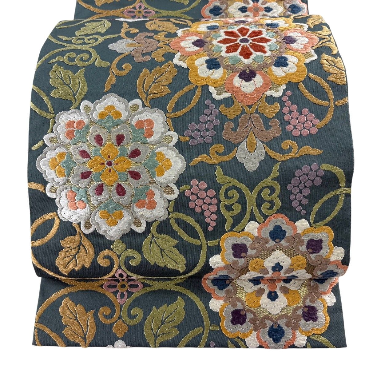 袋帯 名品 葡萄唐草文 華文 箔 唐織 深緑 六通 正絹 【中古】