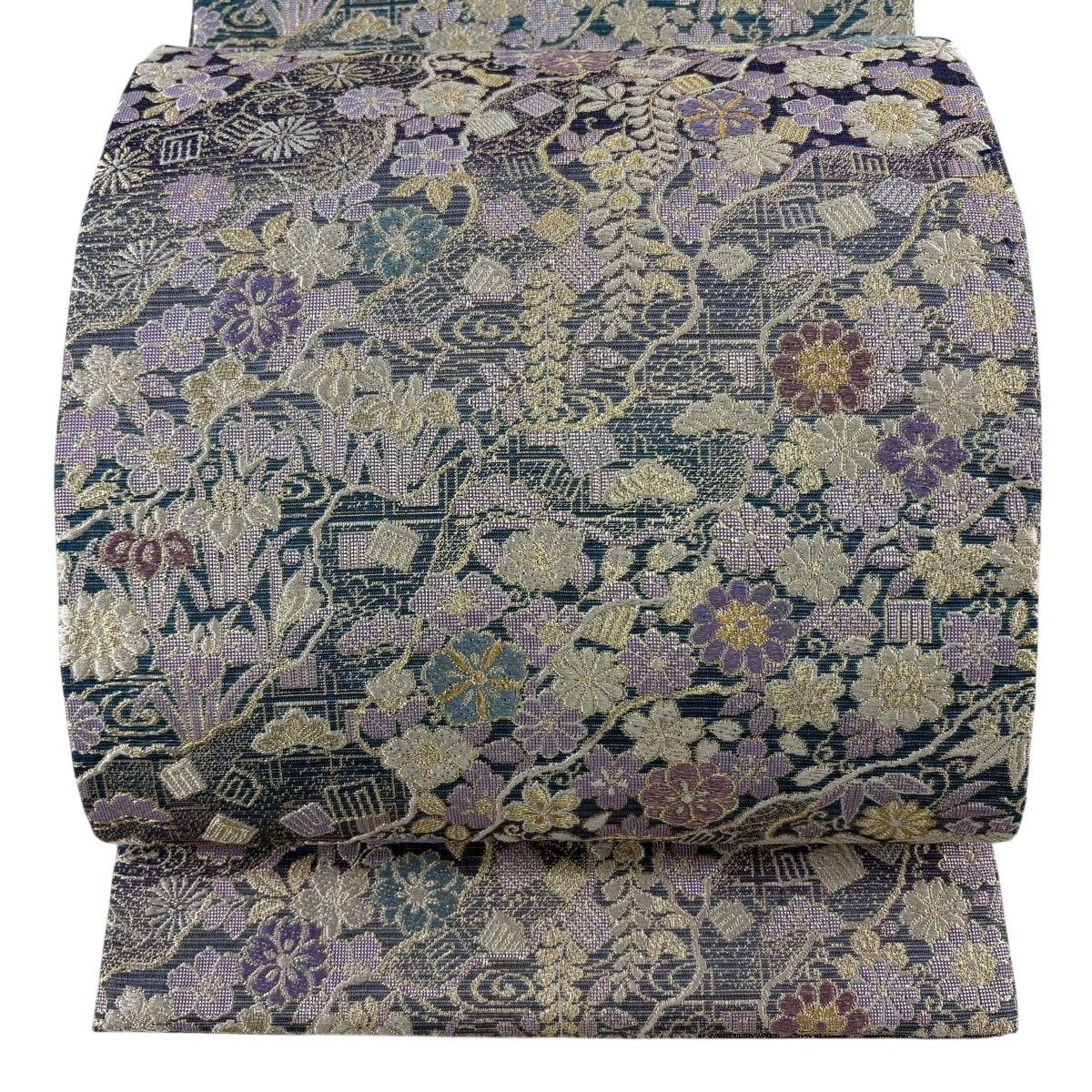 【美品】 袋帯 名品 手先二通り 草花 源氏香 金糸 箔 濃紫 お太鼓柄 正絹 【中古】