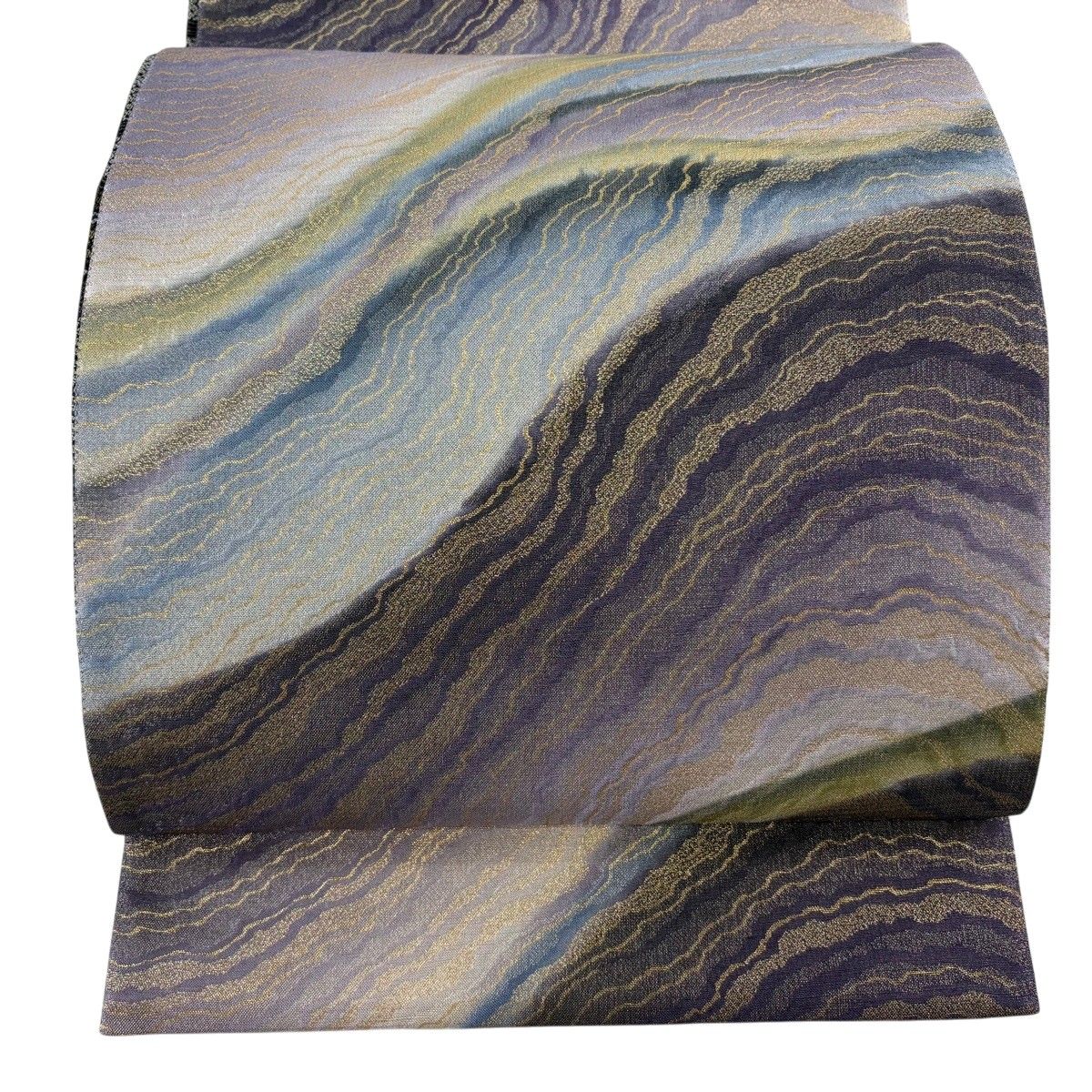 【美品】 袋帯 名品 幾何学 金糸 箔 紫 全通 正絹 【中古】