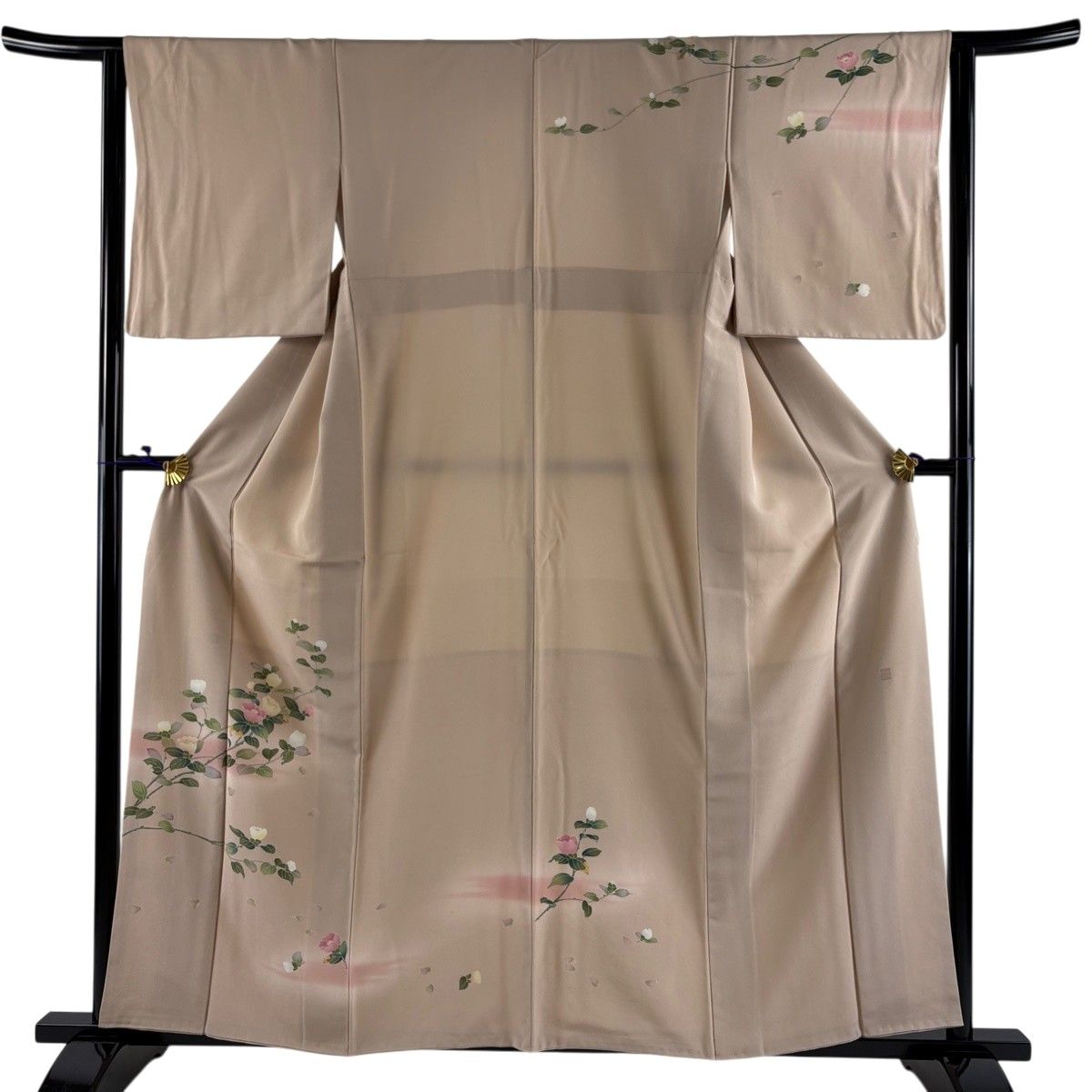訪問着 身丈159cm 裄丈63cm S 袷 落款 椿 霞 ぼかし ピンクベージュ 正絹 秀品 【中古】