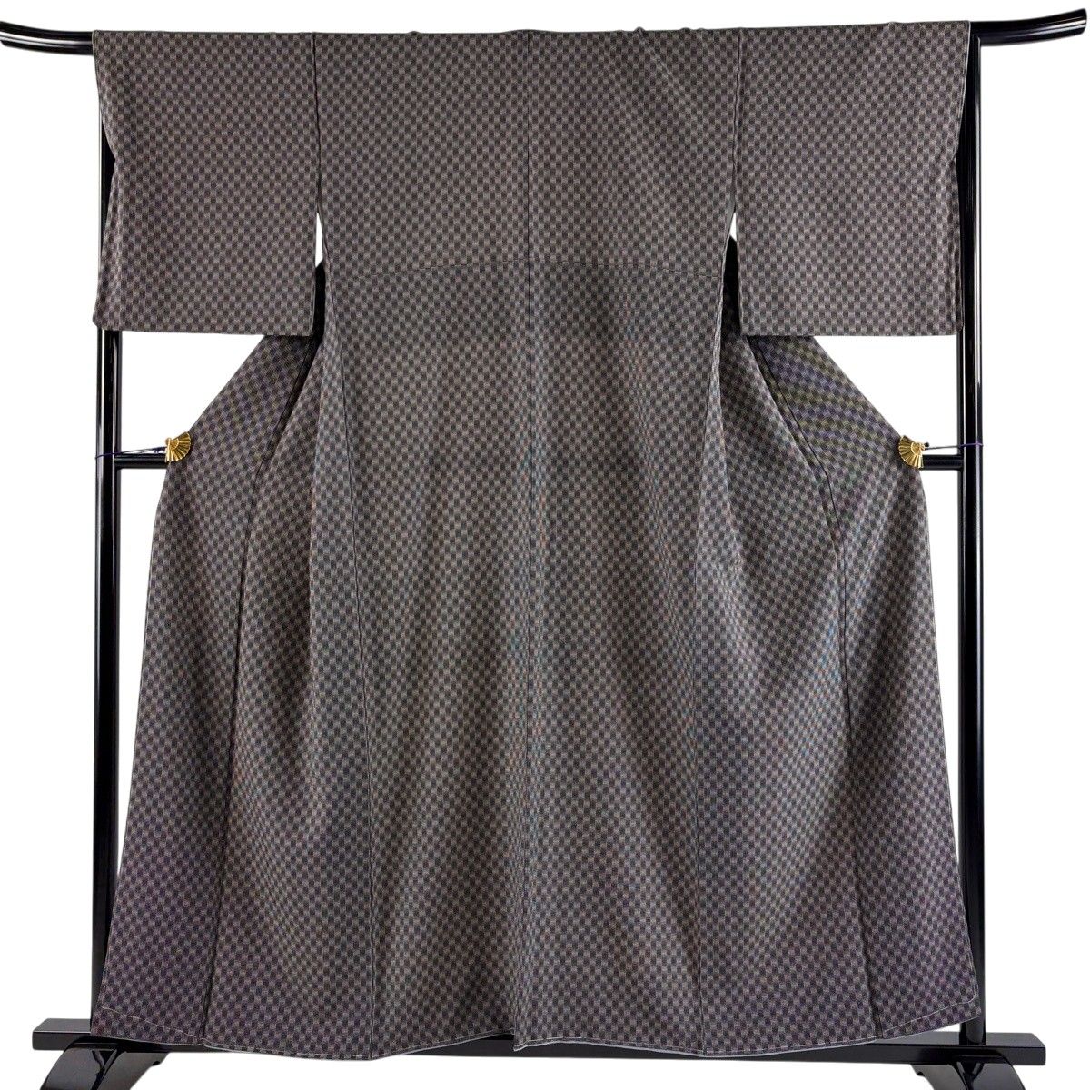 【美品】 紬 身丈156.5cm 裄丈66.5cm M 袷 変わり市松 黒灰 正絹 秀品 【中古】
