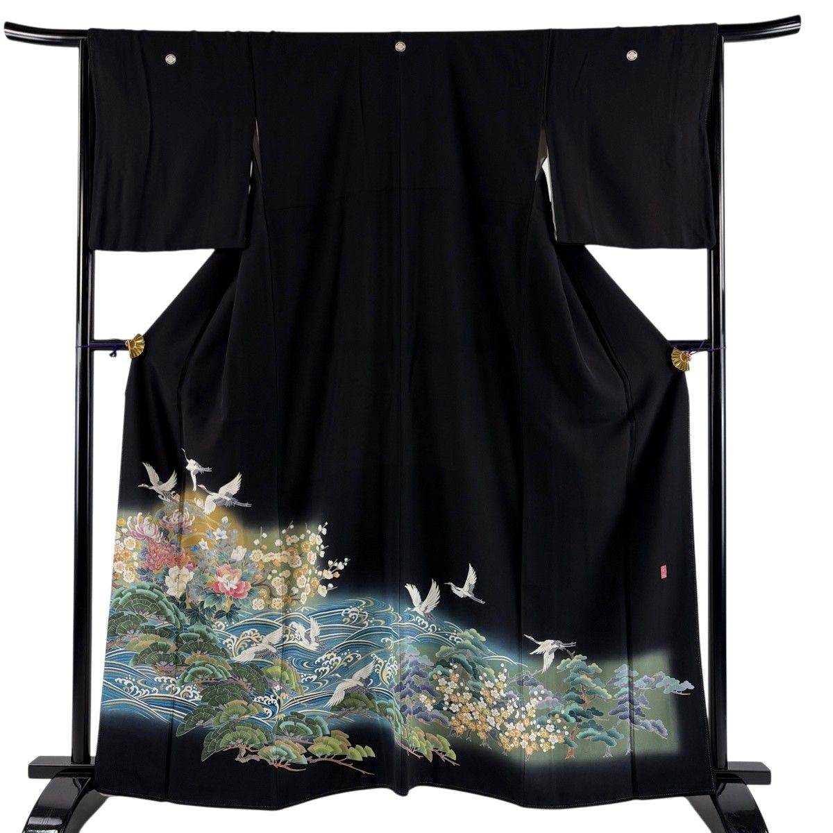 【美品】 黒留袖 身丈162.5cm 裄丈66cm M 袷 岡村蒼風 落款 鶴 松 ぼかし 黒 正絹 秀品 【中古】