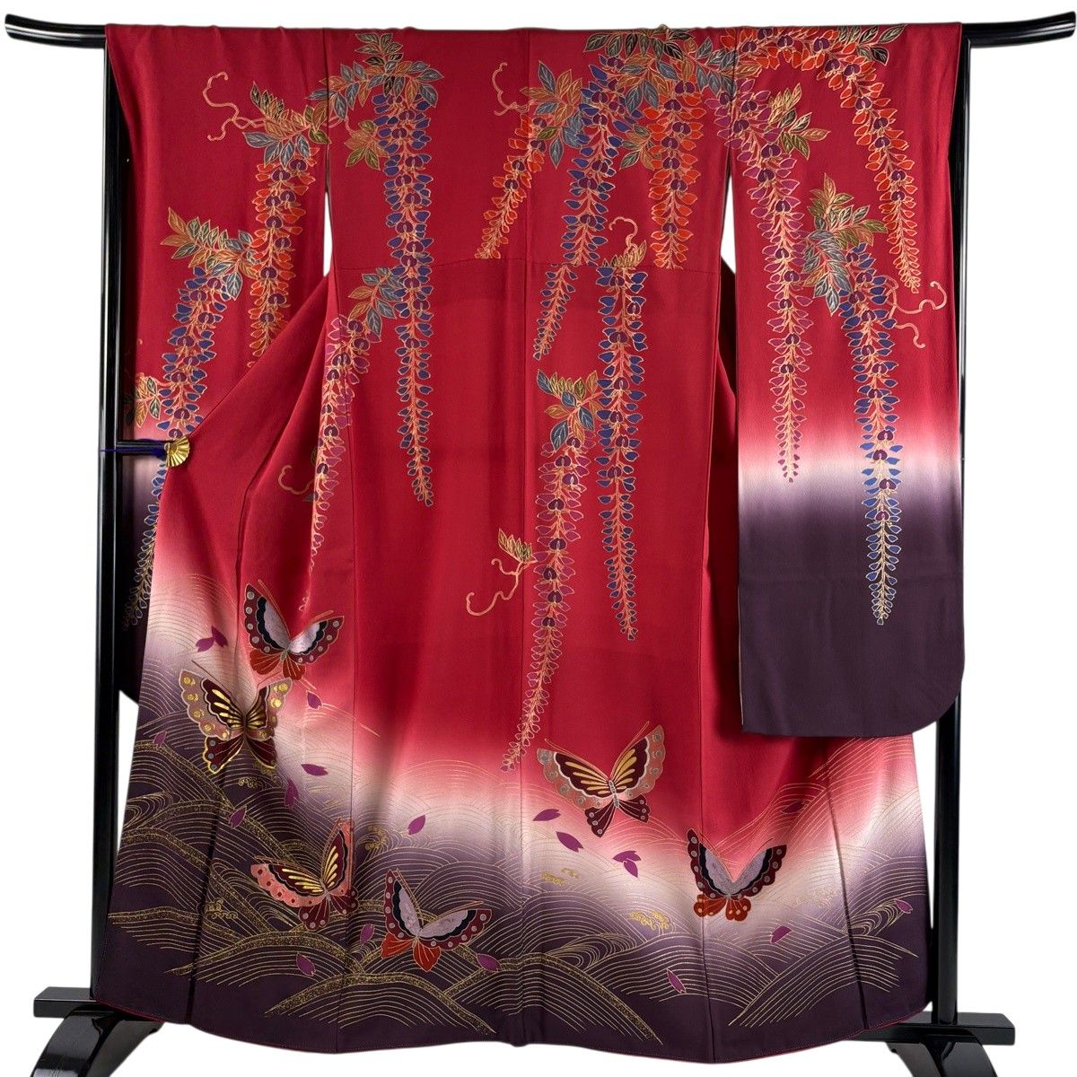 振袖 身丈160cm 裄丈66cm M 袷 蝶 波 金彩 赤 正絹 秀品 【中古