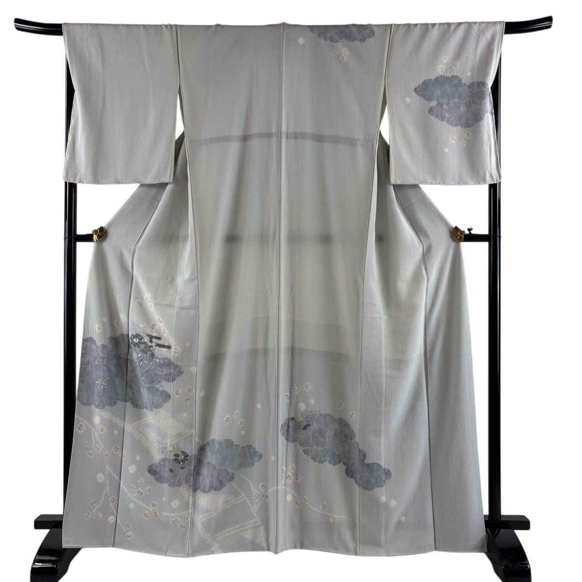 訪問着 身丈164.5cm 裄丈68cm L 袷 雲文 草花 刺繍 金銀糸 灰色 正絹 秀品 【中古】