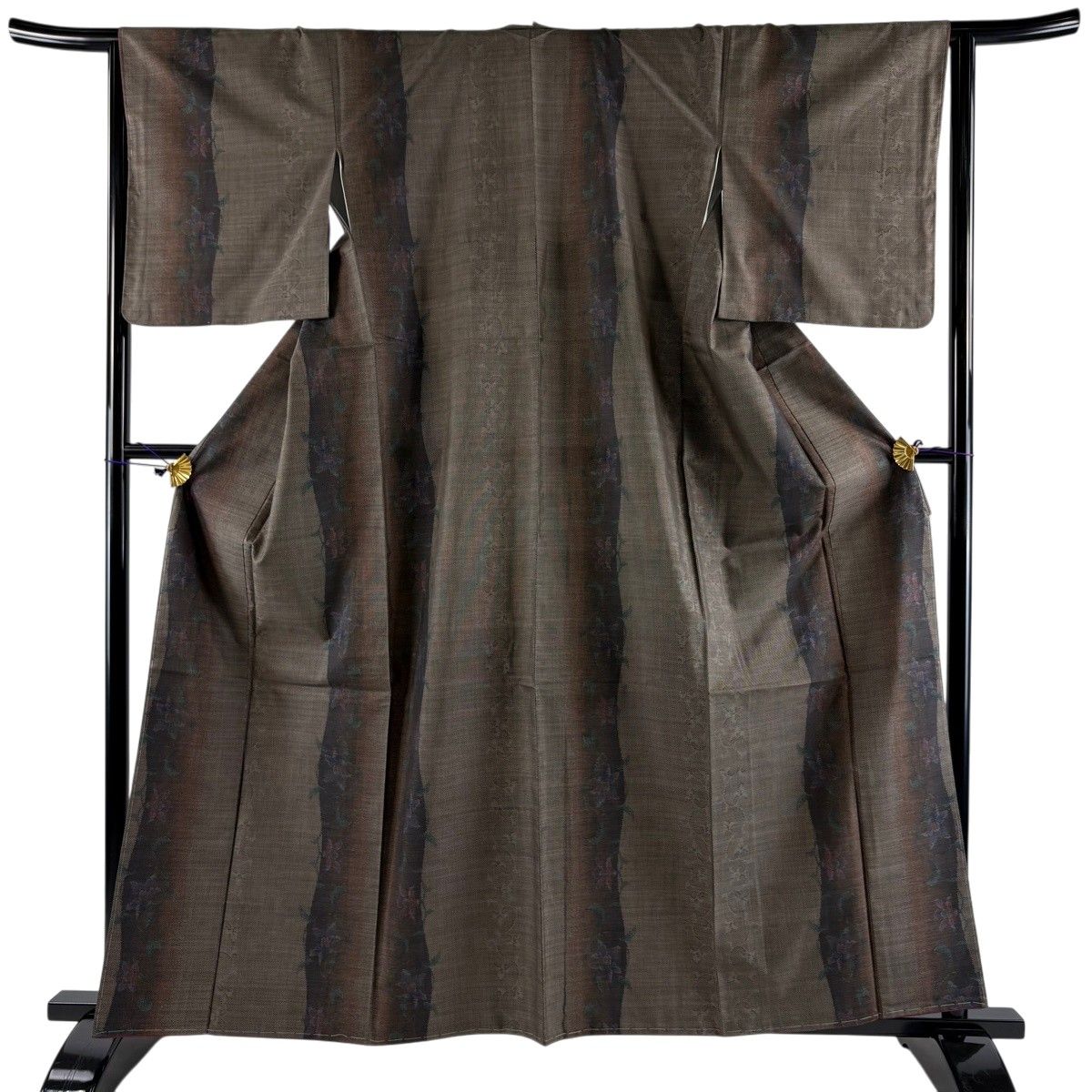 【美品】 大島紬 身丈161cm 裄丈65cm M 袷 純泥染 証紙 花唐草 焦茶色 正絹 秀品 【中古】