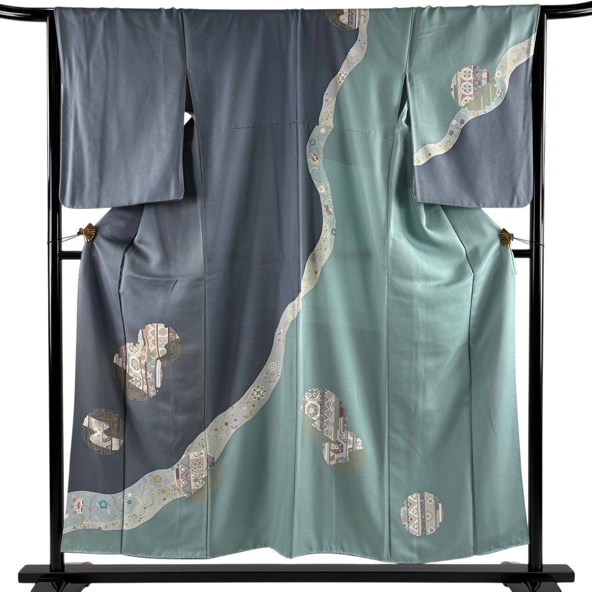 訪問着 身丈154.5cm 裄丈66cm M 袷 雪輪 花鳥 金糸 金銀彩 灰色 正絹 秀品 【中古】