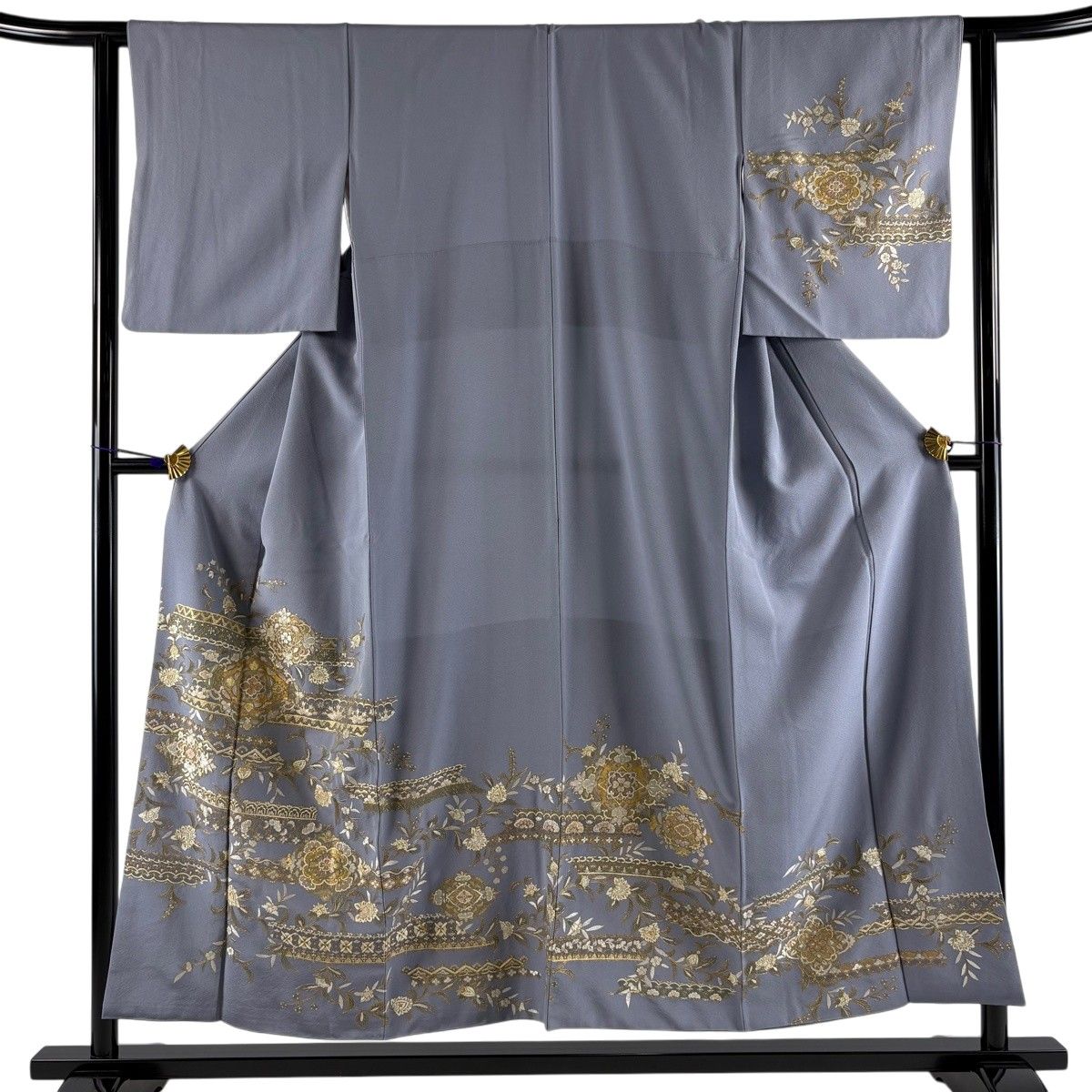 訪問着 身丈153.5cm 裄丈62.5cm S 袷 華文 草花 刺繍 金糸 灰紫 正絹 秀品 【中古】