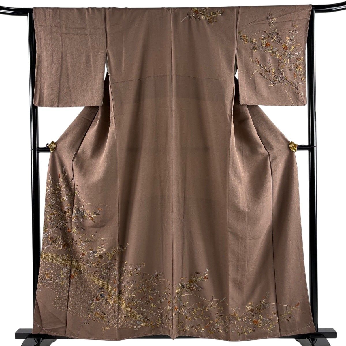訪問着 身丈160cm 裄丈65cm M 袷 菊 幾何学模様 刺繍 金糸 茶色 正絹 秀品 【中古】