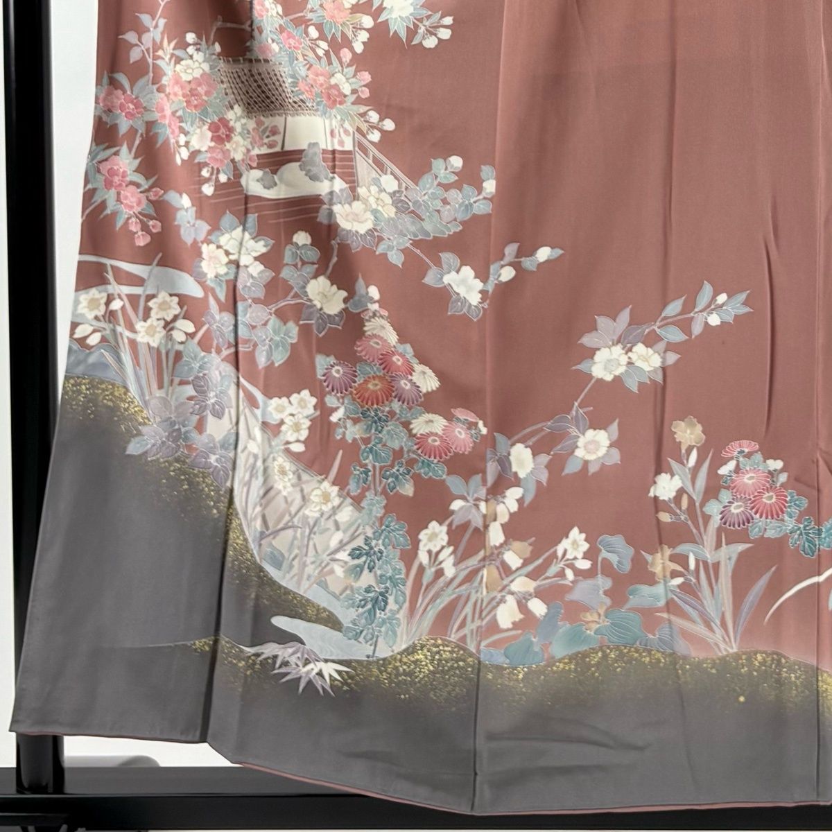 訪問着 身丈156.5cm 裄丈64.5cm M 袷 落款 枝花 建物 金彩 染め分け 