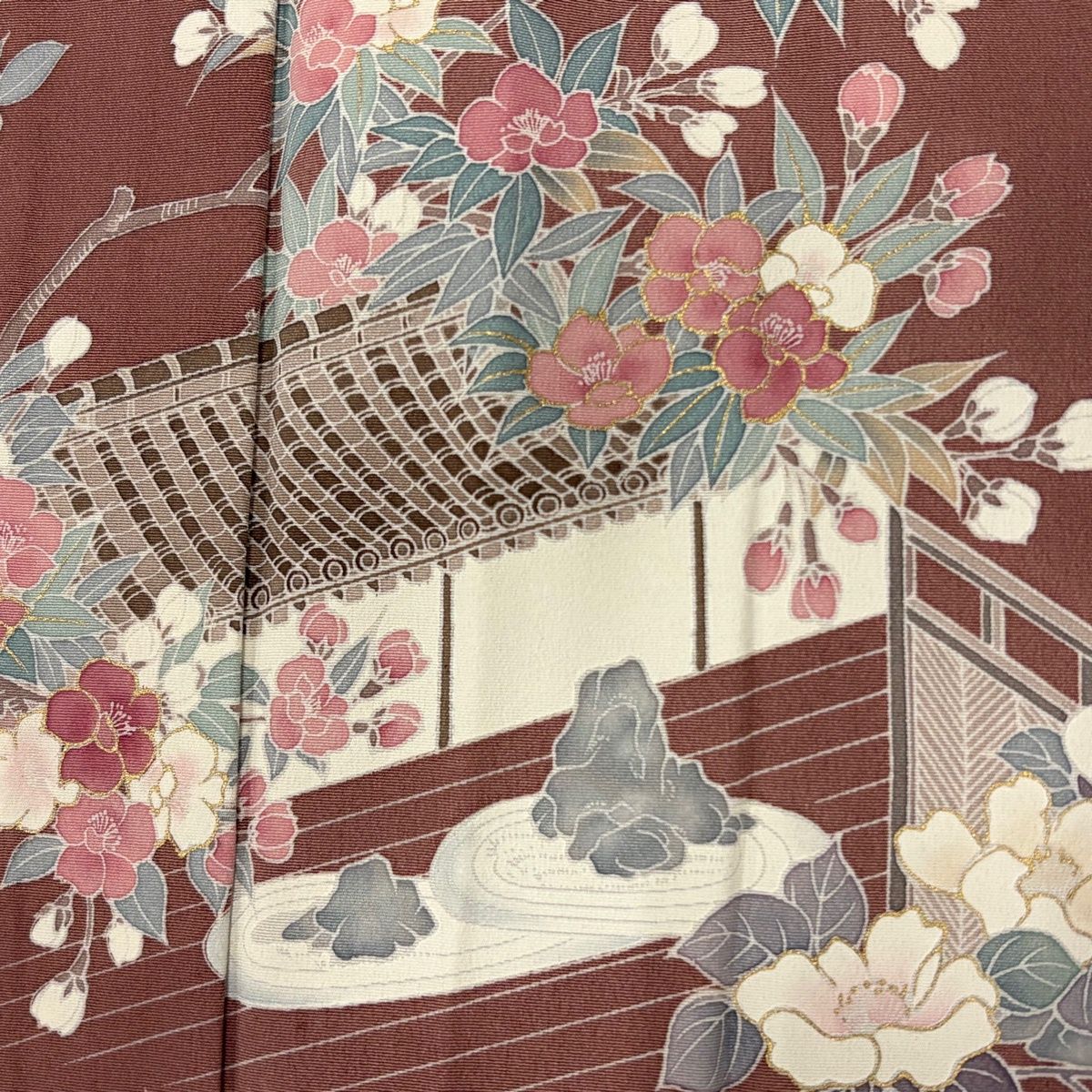 訪問着 身丈156.5cm 裄丈64.5cm M 袷 落款 枝花 建物 金彩 染め分け 