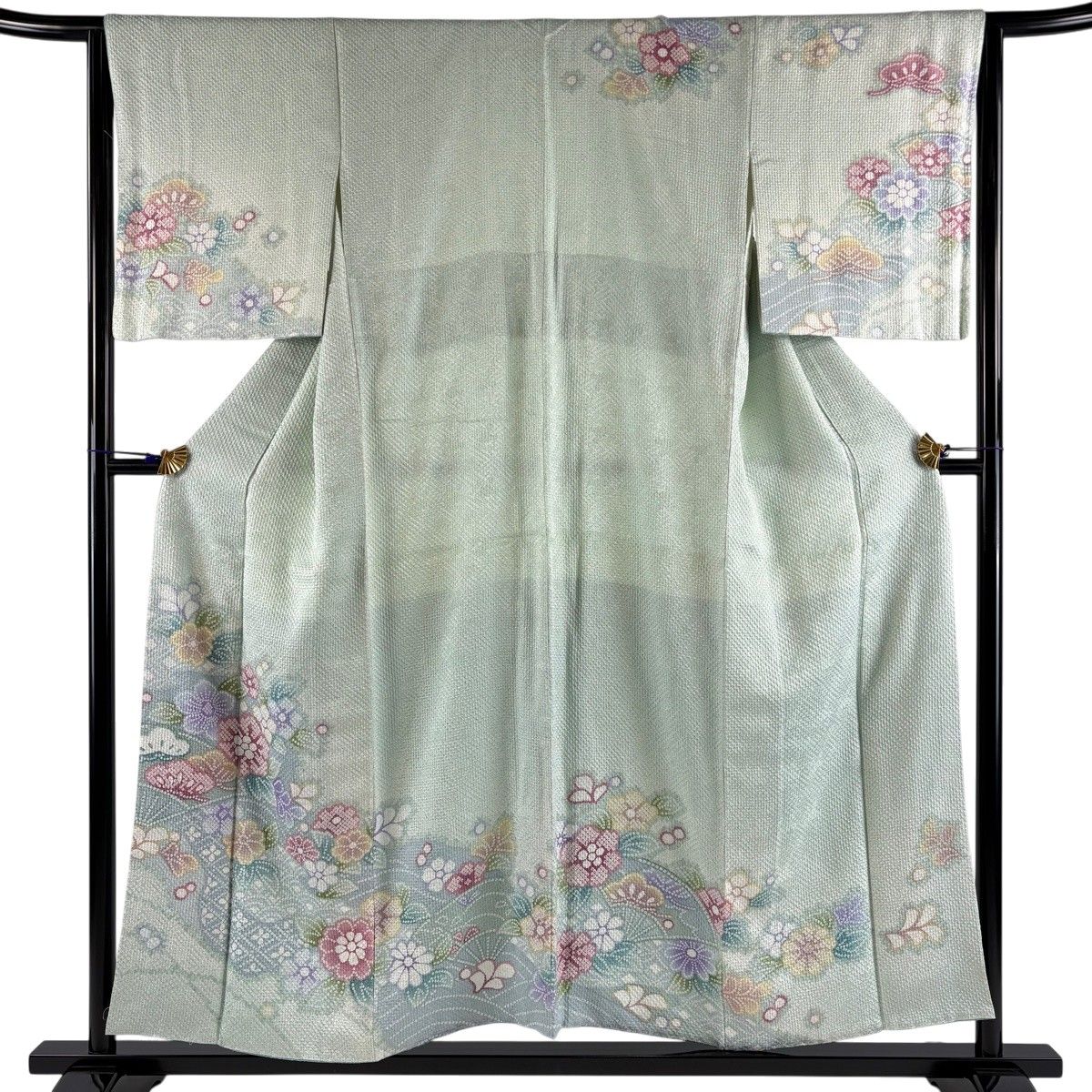 訪問着 身丈153cm 裄丈63.5cm S 袷 草花 扇 薄緑 正絹 秀品 【中古 