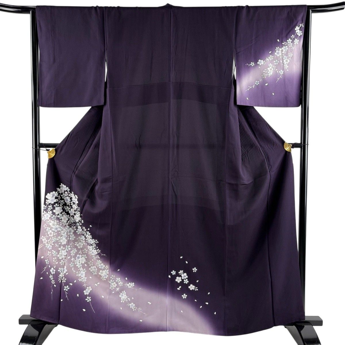 【美品】 付下げ 身丈162.5cm 裄丈64cm M 袷 桜 地紋 銀彩 ぼかし 濃紫 正絹 秀品 【中古】