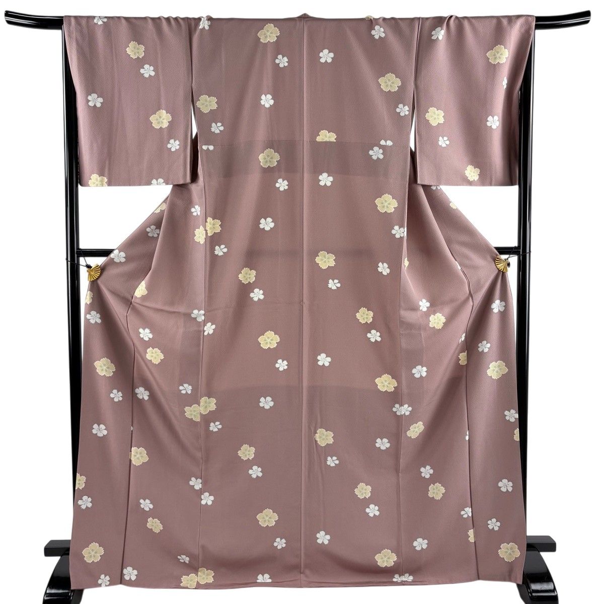 【美品】 小紋 身丈171cm 裄丈68.5cm L 袷 桜 薄小豆 正絹 秀品 【中古】