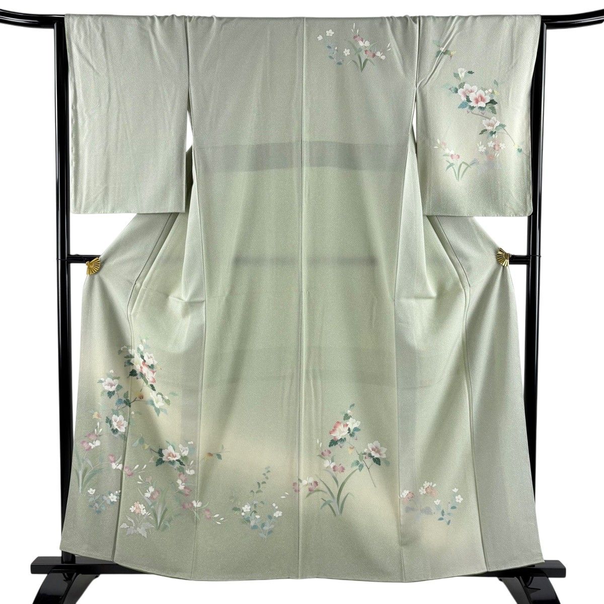 訪問着 身丈159cm 裄丈65cm M 袷 枝花 草花 ぼかし 灰緑 正絹 秀品 【中古】