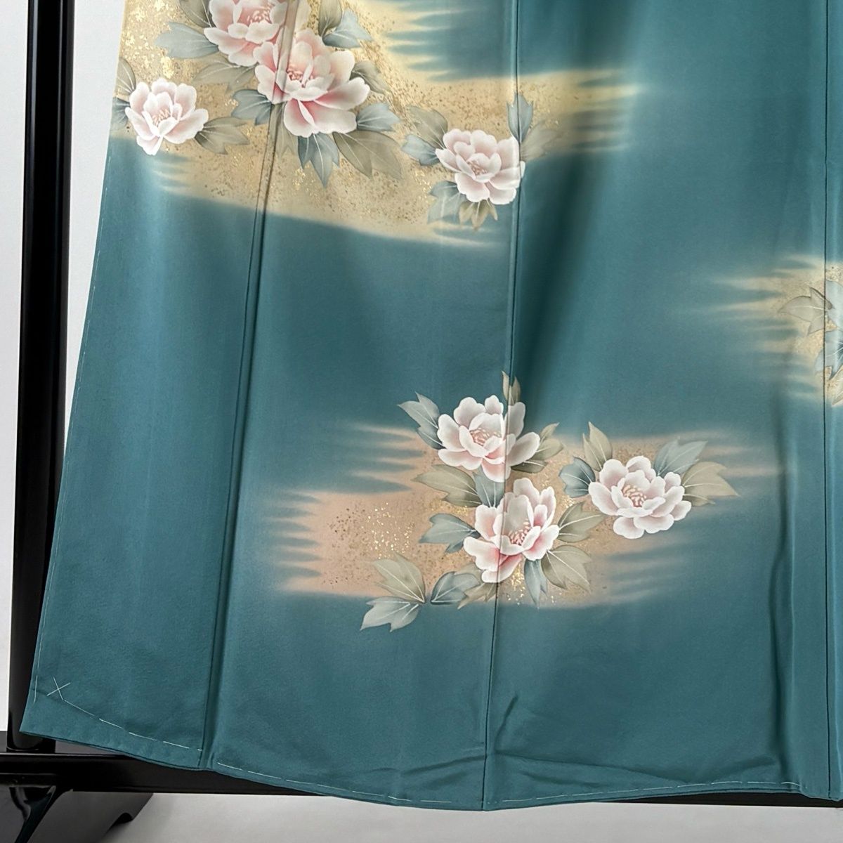 訪問着 身丈158cm 裄丈63cm S 袷 牡丹 霞 金彩 ぼかし 灰緑 正絹 秀品 