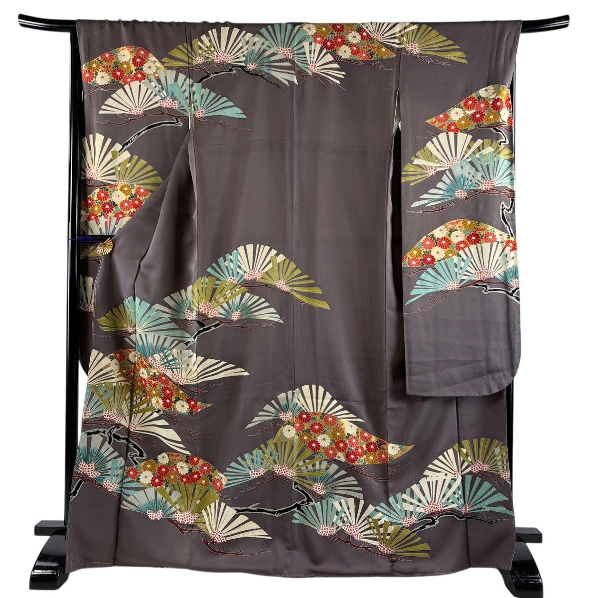 振袖 身丈170cm 裄丈67.5cm L 袷 若松 菊 金糸 金彩 灰紫 正絹 秀品 【中古】