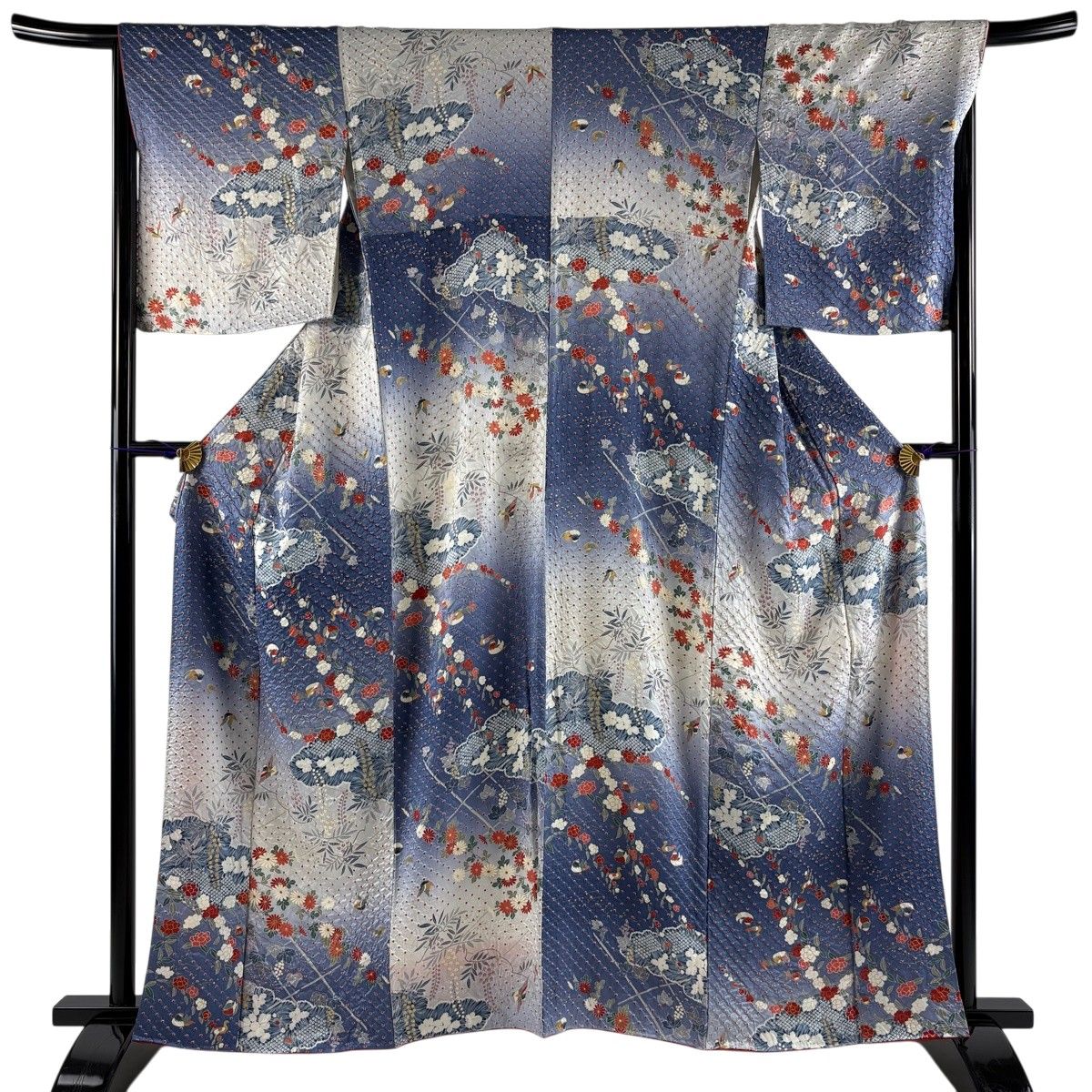 【美品】 小紋 身丈160.5cm 裄丈67cm M 袷 雲母 花鳥 絞り ぼかし 青 正絹 秀品 【中古】
