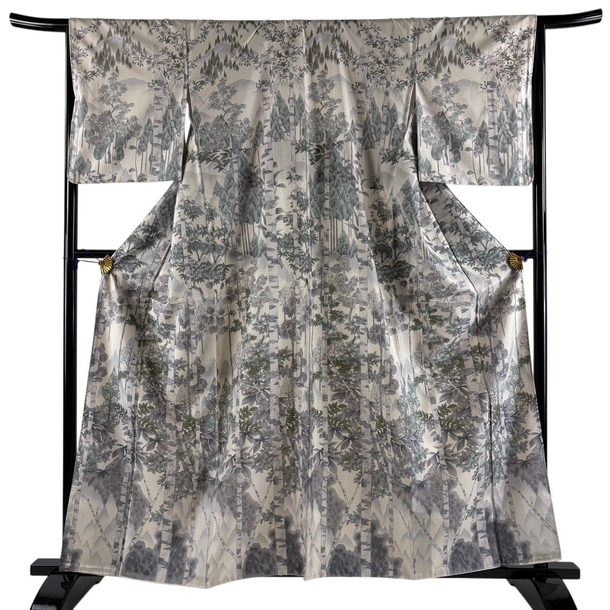 【美品】 訪問着 身丈160.5cm 裄丈66.5cm M 袷 紬地 樹木 枝花 ピンクベージュ 正絹 秀品 【中古】