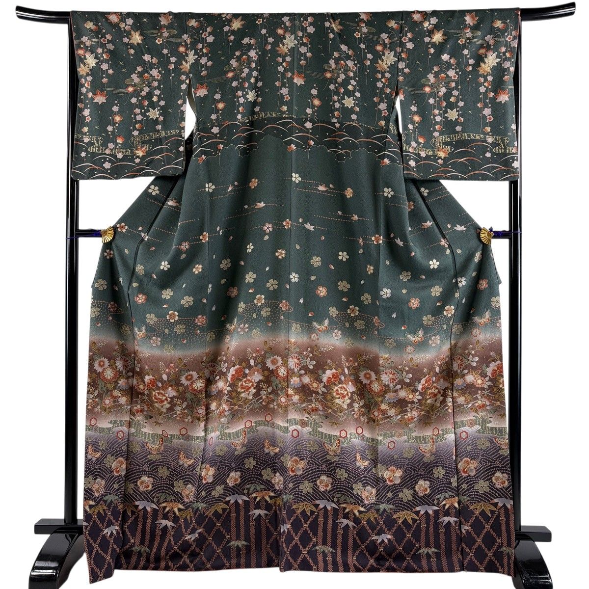 訪問着 身丈170cm 裄丈67cm M 袷 蝶 草花 金彩 ぼかし 深緑 正絹 秀品 【中古】