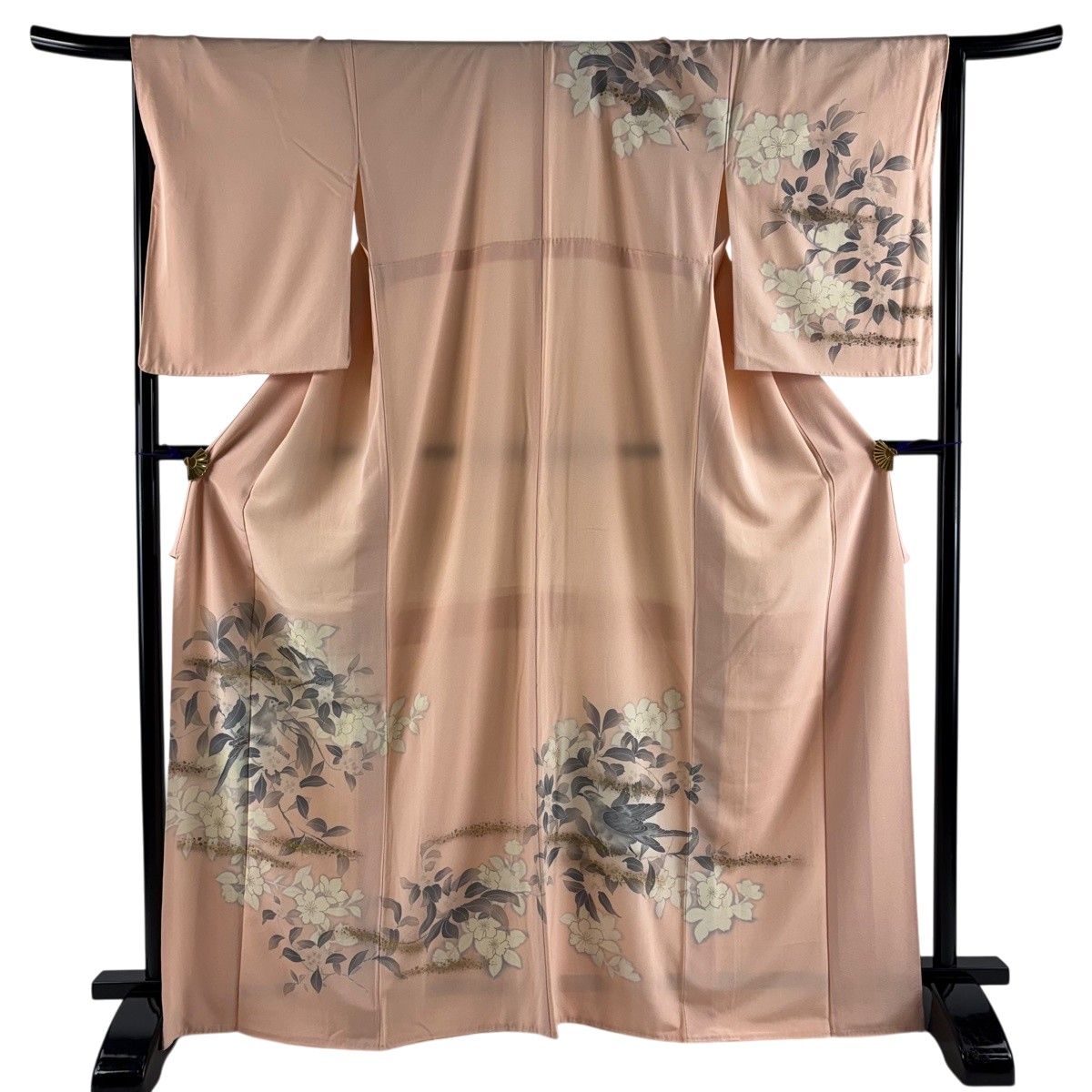 訪問着 身丈166cm 裄丈65.5cm M 袷 枝花 鳥 金彩 ぼかし 薄ピンク 正絹 秀品 【中古】