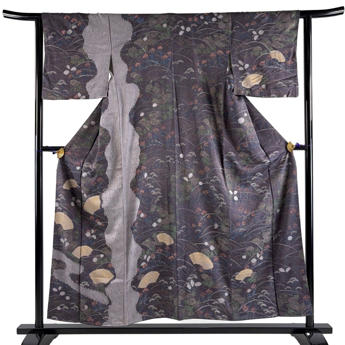 訪問着 身丈152.5cm 裄丈62cm S 袷 紬地 扇面 草花 金彩 絞り 灰紫 正絹 秀品 【中古】