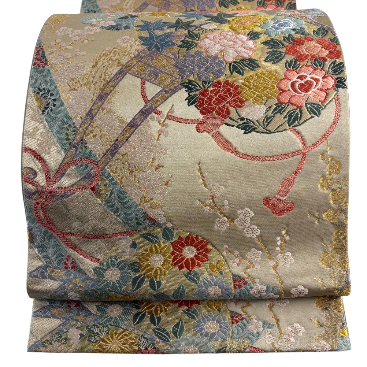 【美品】 袋帯 秀品 花丸文 枝梅 唐織 金糸 灰茶 六通 正絹 【中古】