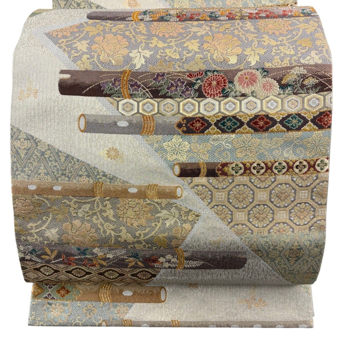 【美品】 袋帯 秀品 雅楽の調べ 笛 花唐草 箔 金糸 灰茶 六通 正絹 【中古】