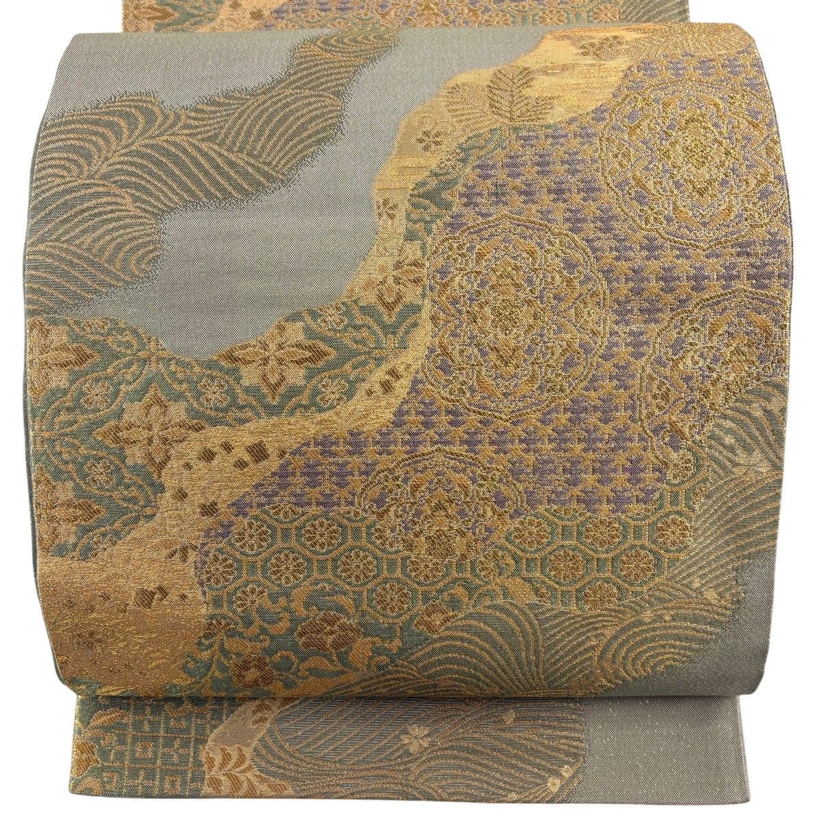 【美品】 袋帯 秀品 華文 波 箔 金通し 鶯色 六通 正絹 【中古】