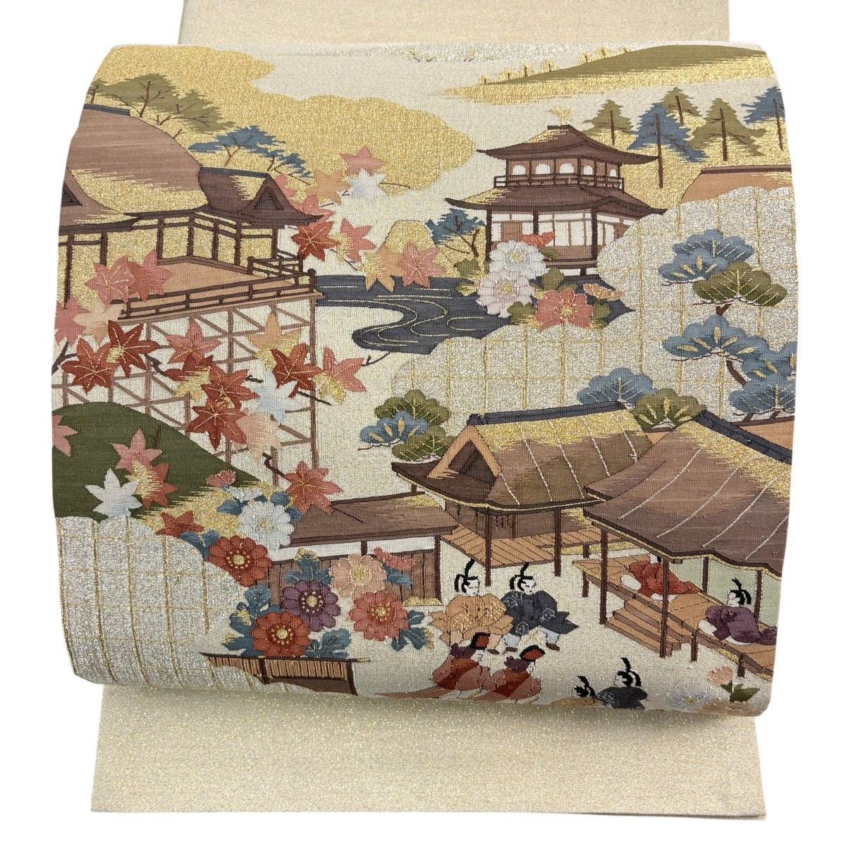 【美品】 袋帯 秀品 京風景 人物 金銀糸 ベージュ お太鼓柄 正絹 【中古】