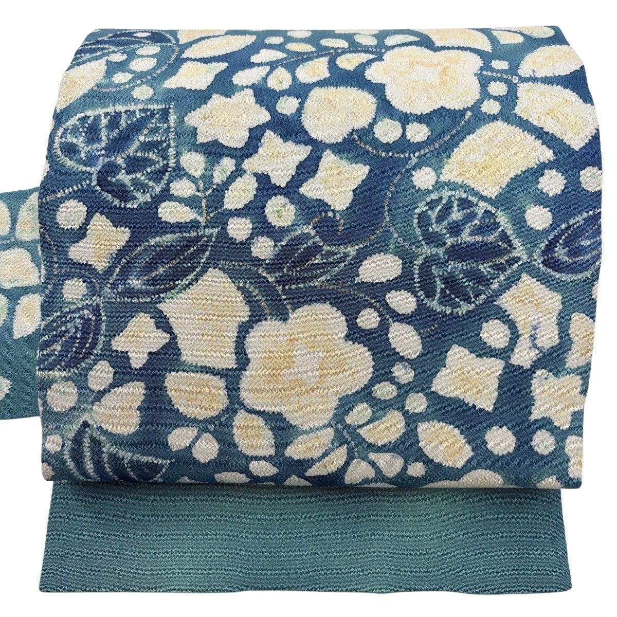 名古屋帯 秀品 草花 金彩 縮緬 青緑 正絹 【中古】