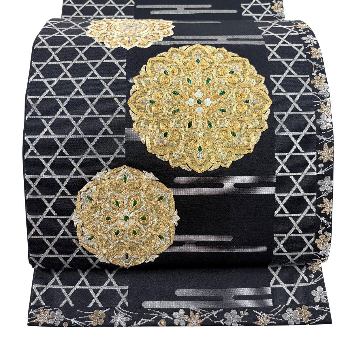 【美品】 袋帯 秀品 華文 籠目 螺鈿 金糸 黒 お太鼓柄 正絹 【中古】