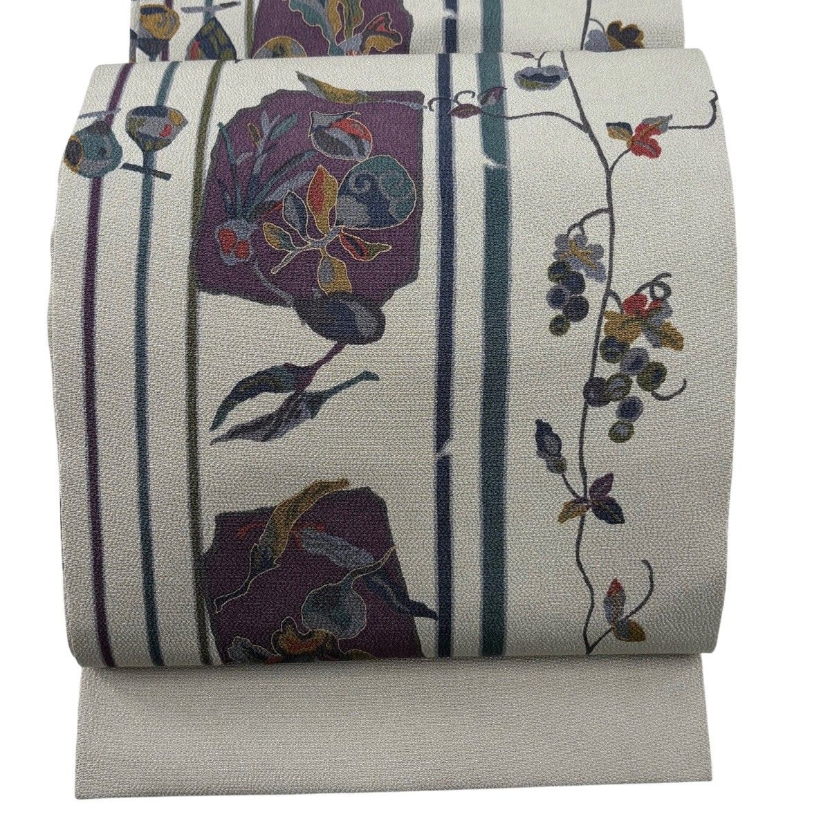 【美品】 開き名古屋帯 秀品 草花 縞 縮緬 金彩 灰緑 正絹 【中古】