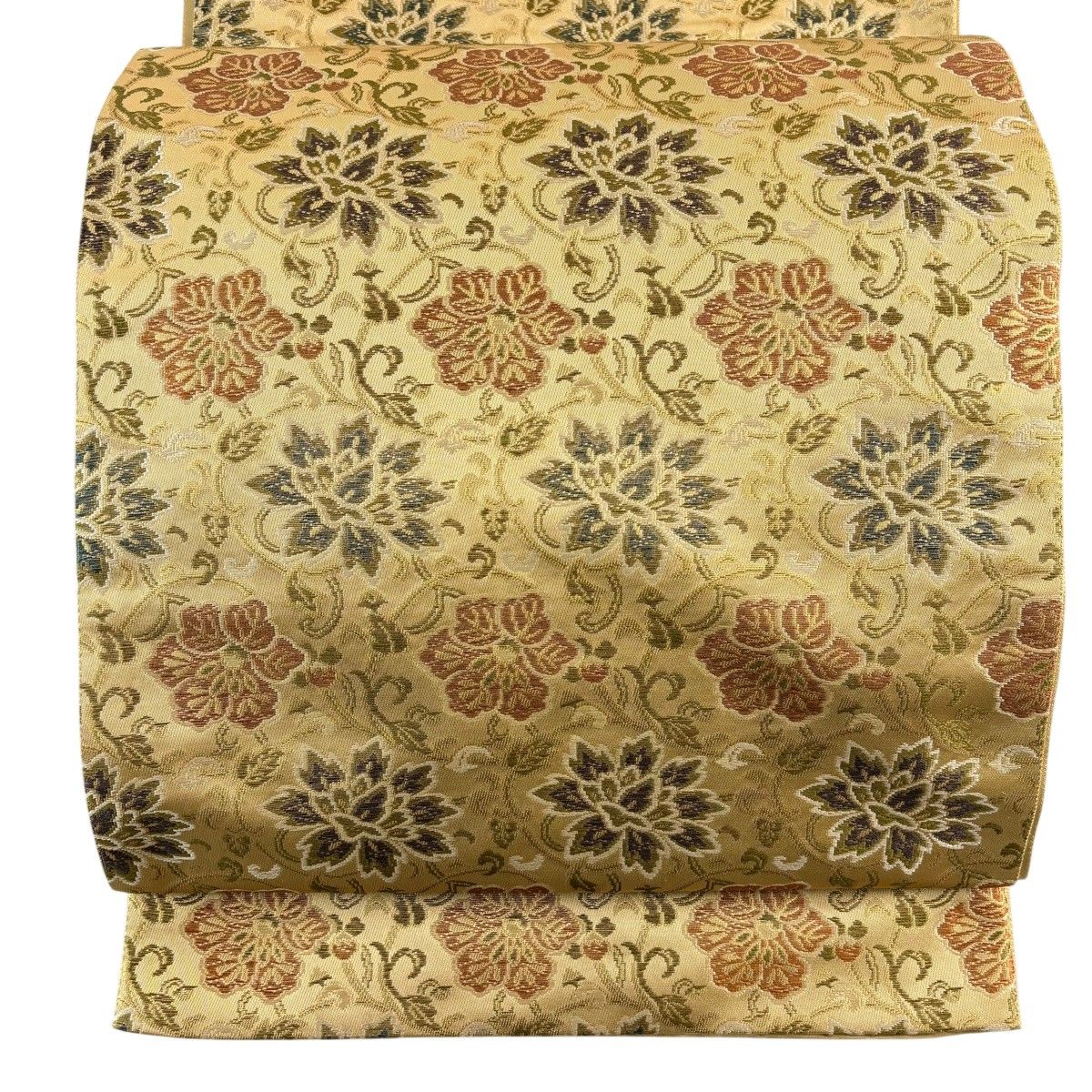 【美品】 袋帯 秀品 花唐草 箔 黄土色 全通 正絹 【中古】