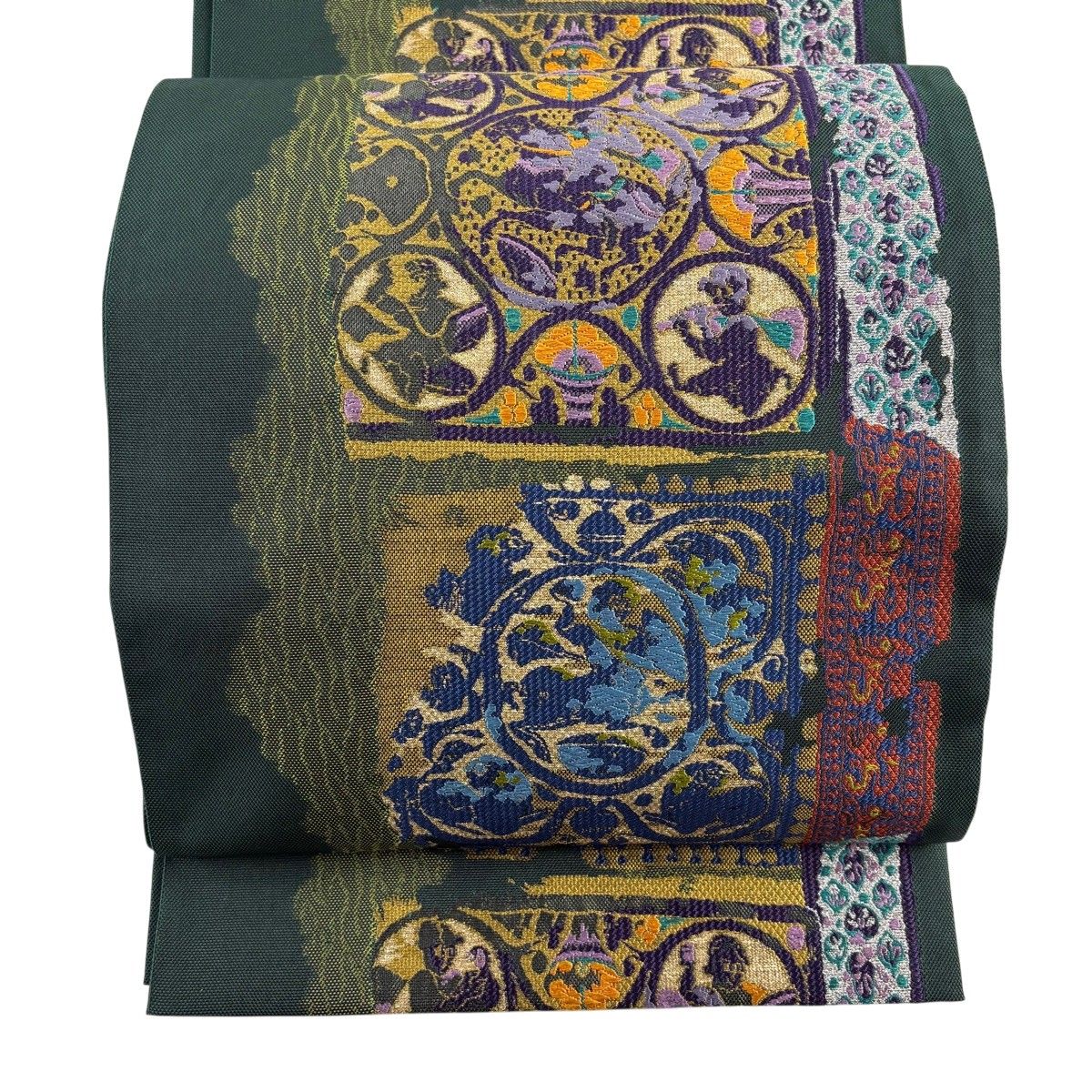 【美品】 袋帯 秀品 狩猟文 樹花人馬 金糸 箔 深緑 六通 正絹 【中古】