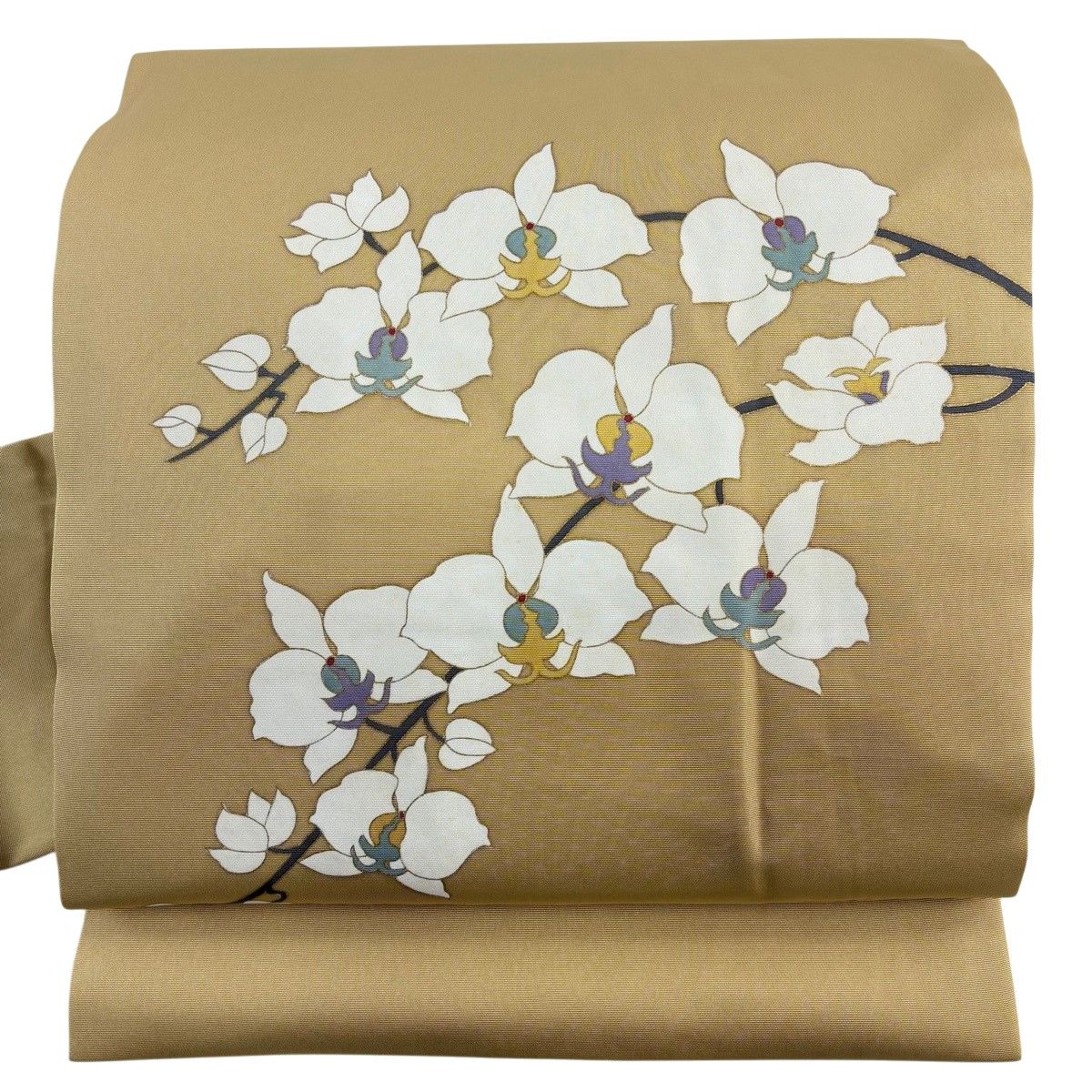 名古屋帯 秀品 胡蝶蘭 金彩 ベージュ 正絹 【中古】