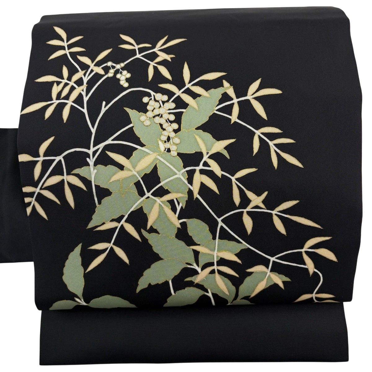名古屋帯 秀品 葉柄 実 金糸 金彩 黒 正絹 【中古】