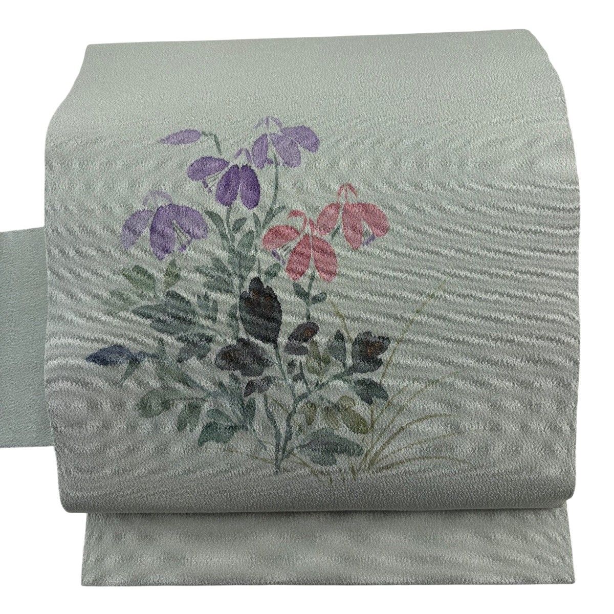 名古屋帯 秀品 草花 金彩 縮緬 薄緑 正絹 【中古】
