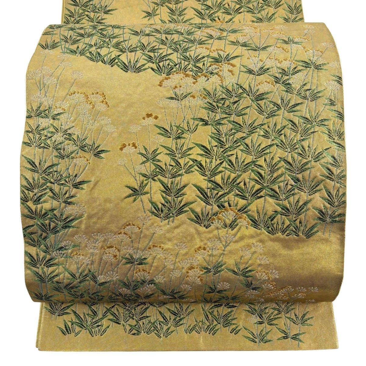 【美品】 袋帯 秀品 川島織物 落款 草花 金銀糸 箔 金色 お太鼓柄 正絹 【中古】