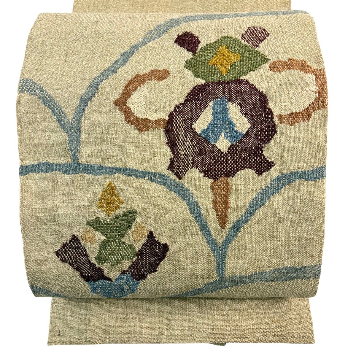 名古屋帯 秀品 松葉仕立て 八寸名古屋帯 紬地 幾何学模様 薄茶色 正絹 【中古】