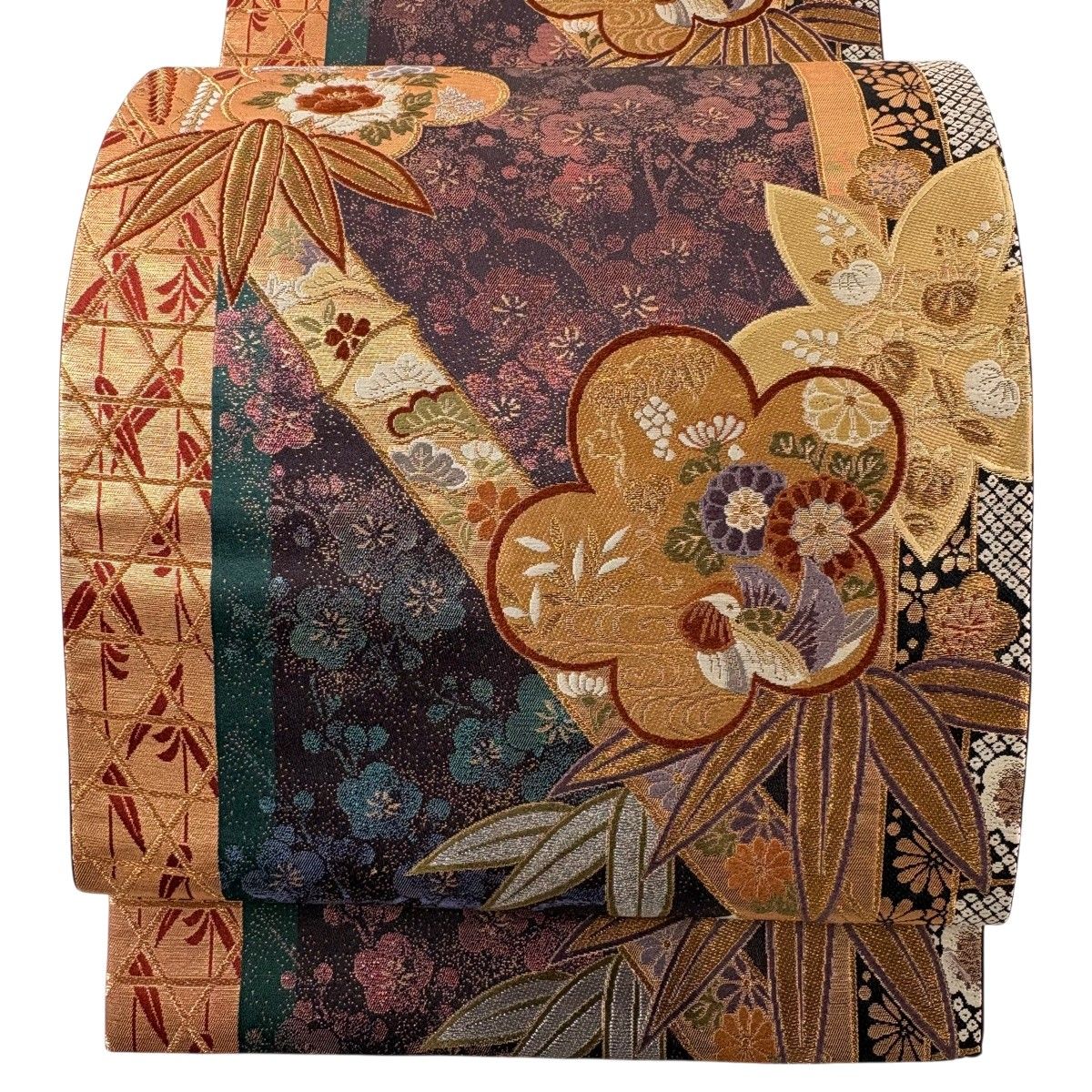 【美品】 袋帯 秀品 松竹梅 鴛鴦 箔 金銀糸 濃紫 六通 正絹 【中古】